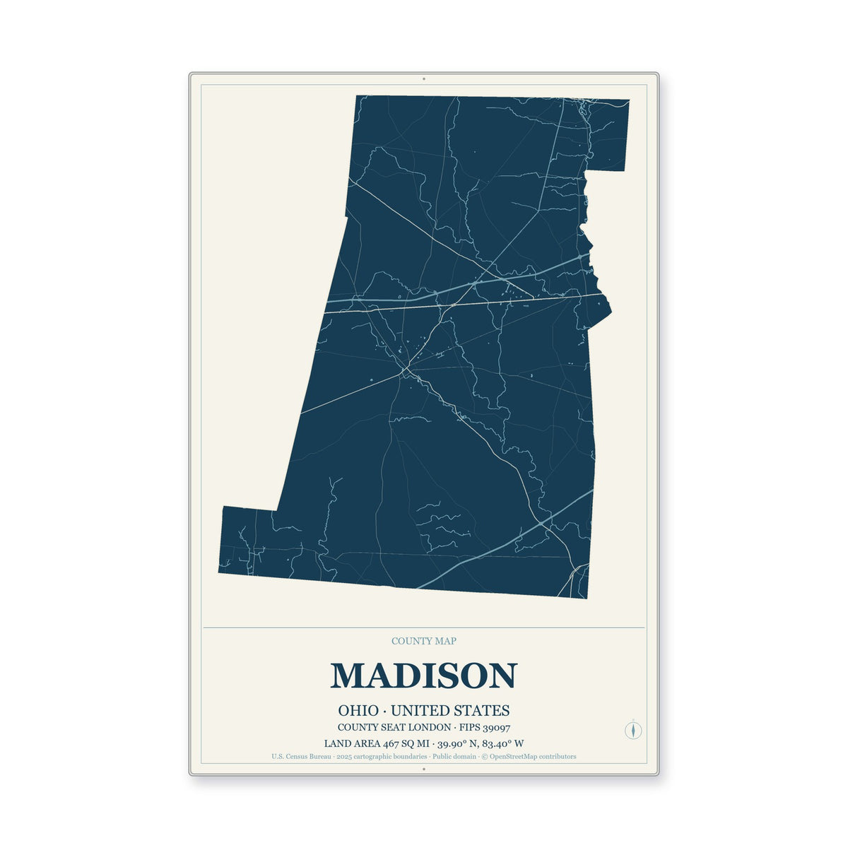 Madison County, Ohio Map Aluminum Sign in Coastal Cutout style