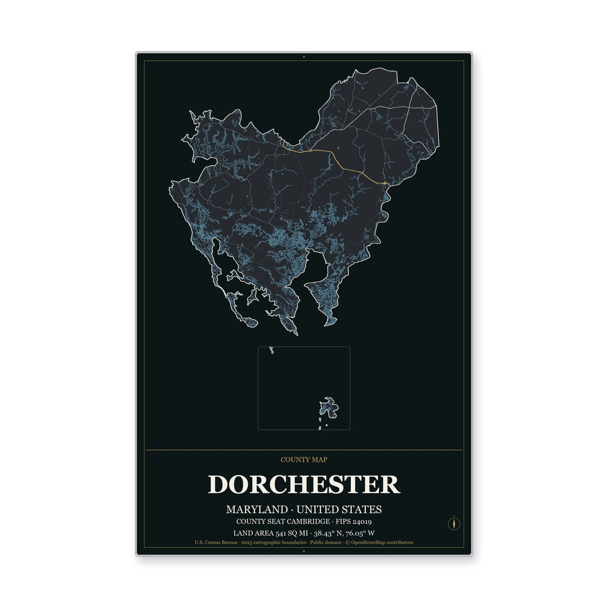 Dorchester County, Maryland Map Aluminum Sign in Metropolitan Noir style