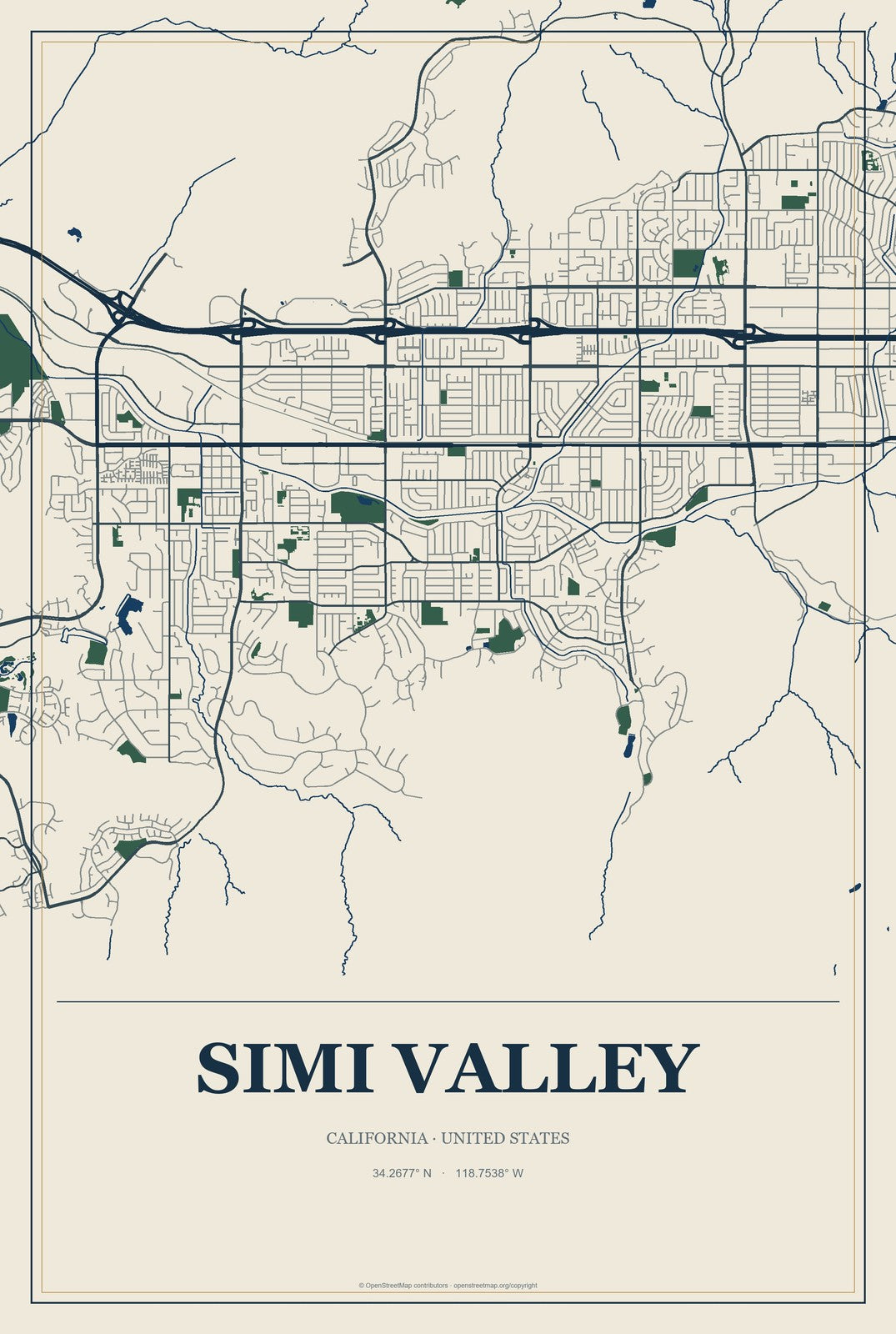 Simi Valley, California City Map Aluminum Sign in Coastal Cutout style