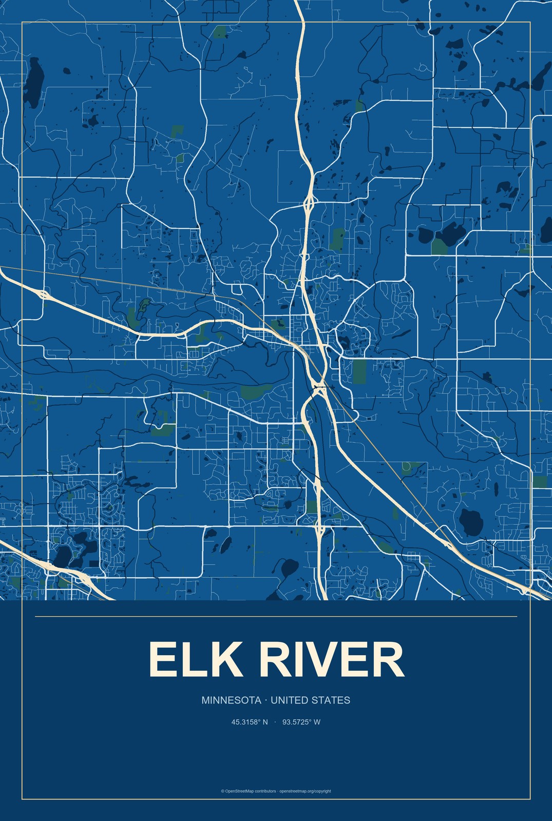 Elk River, Minnesota City Map Aluminum Sign in Harbor Cobalt style