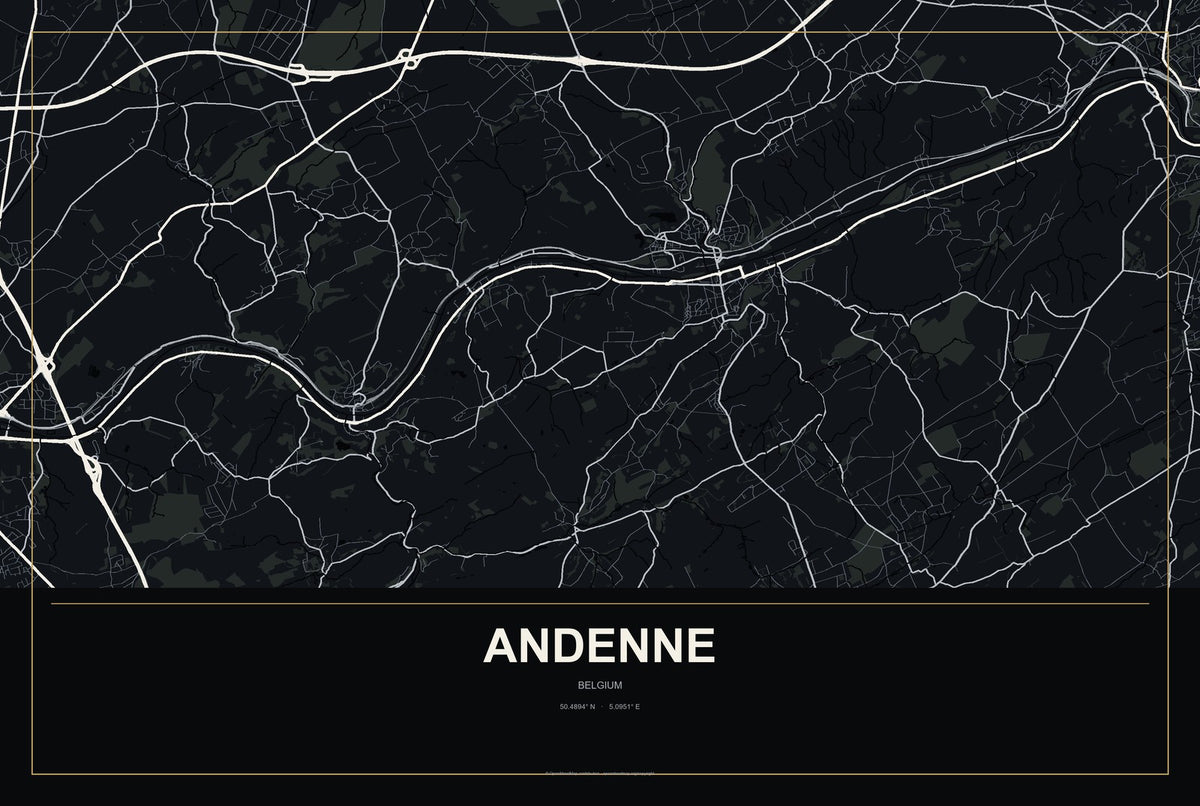 Andenne, Belgium City Map Aluminum Sign in Metropolitan Noir style