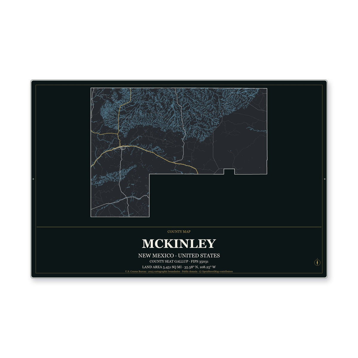McKinley County, New Mexico Map Aluminum Sign in Metropolitan Noir style