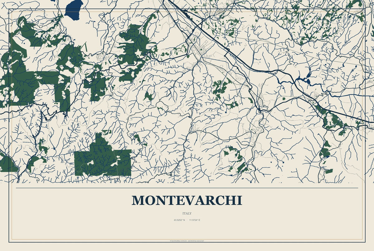 Montevarchi, Italy City Map Aluminum Sign in Coastal Cutout style