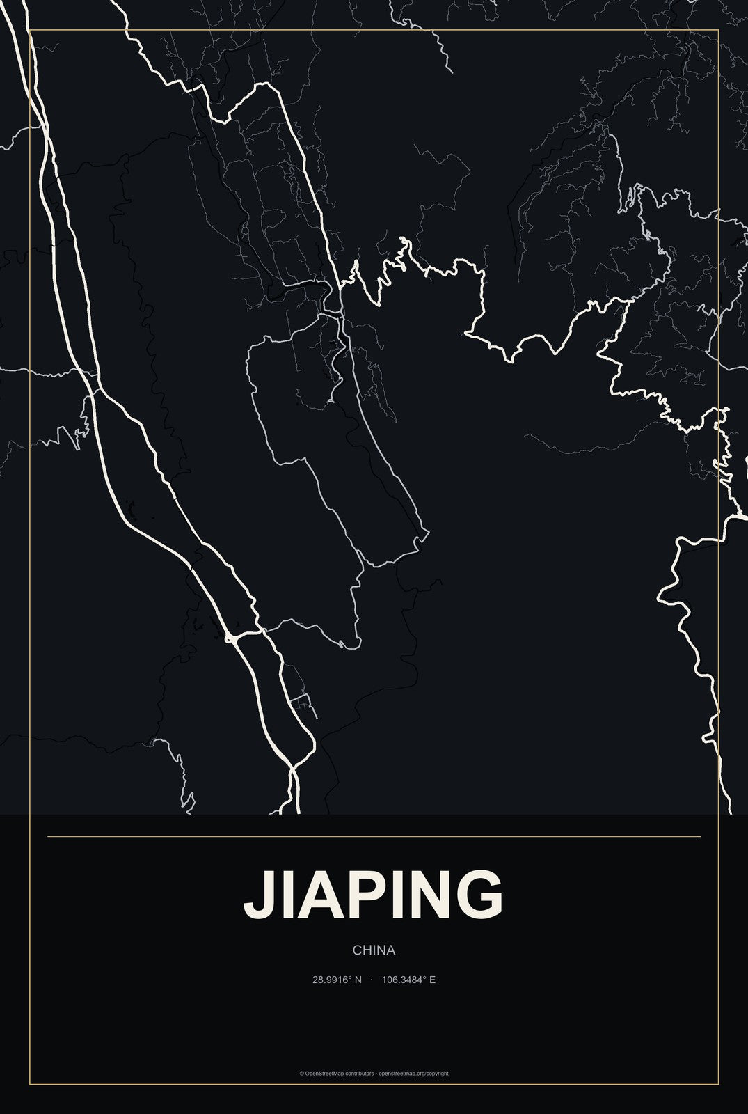 Jiaping, China City Map Aluminum Sign in Metropolitan Noir style