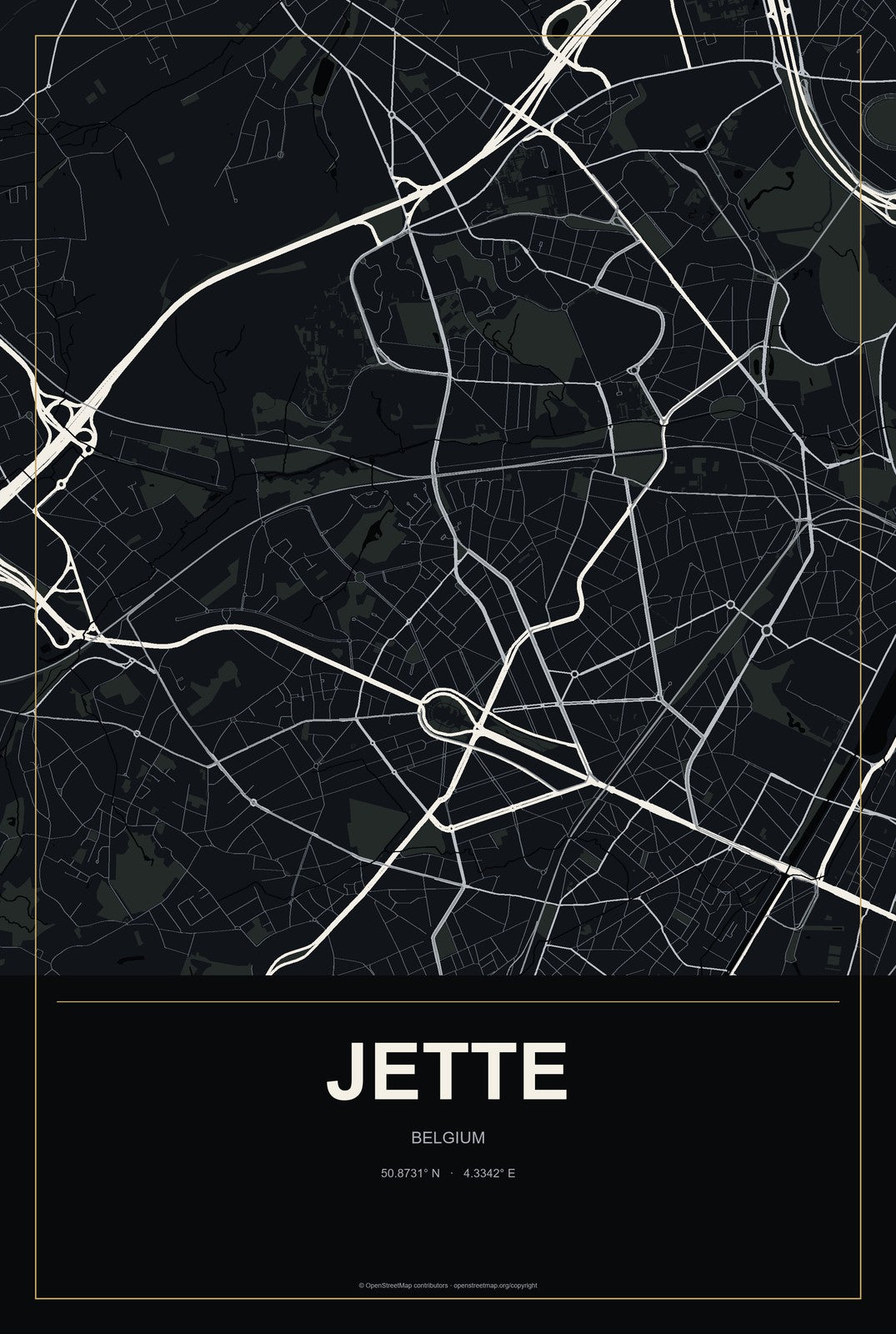 Jette, Belgium City Map Aluminum Sign in Metropolitan Noir style