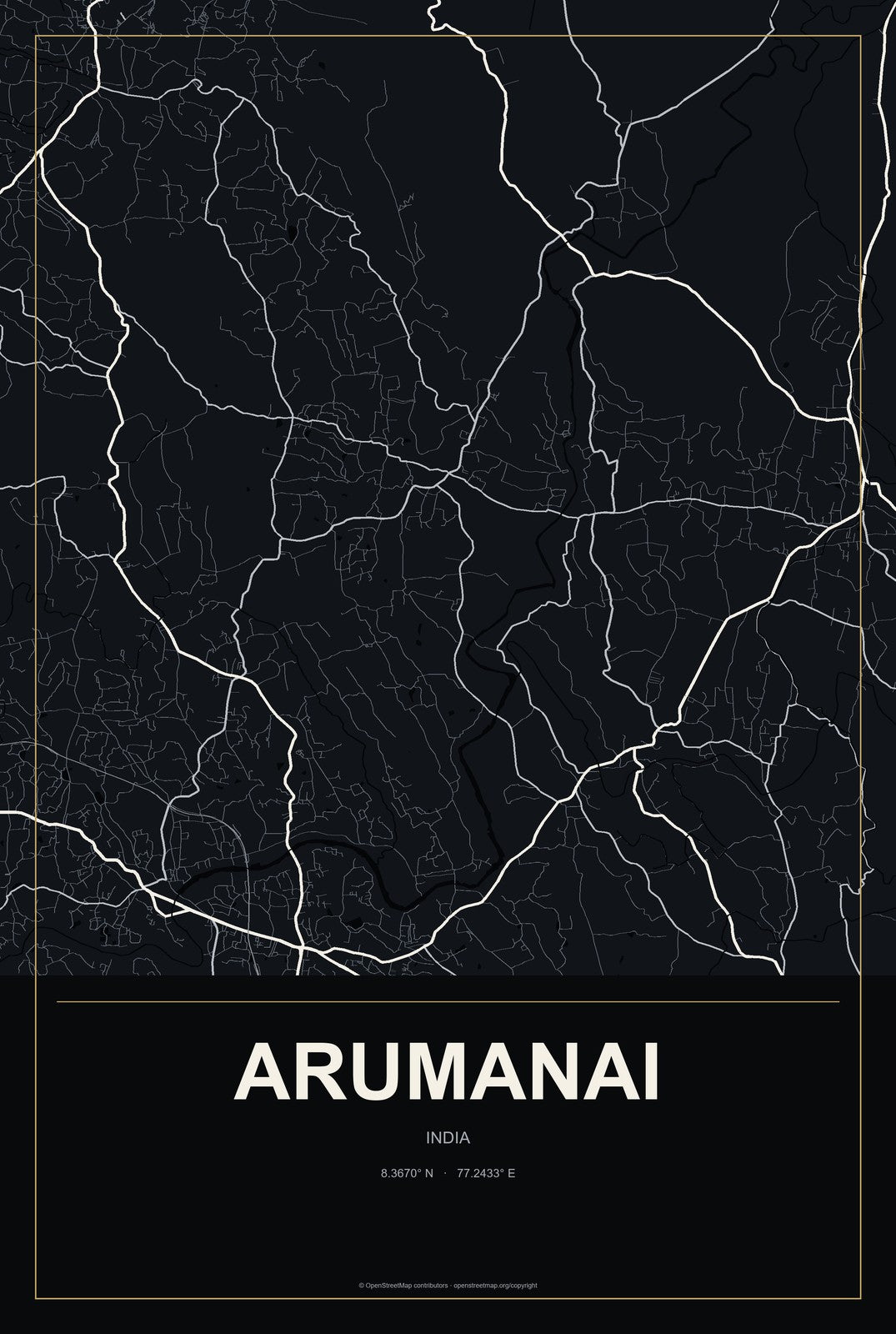 Arumanai, India City Map Aluminum Sign in Metropolitan Noir style