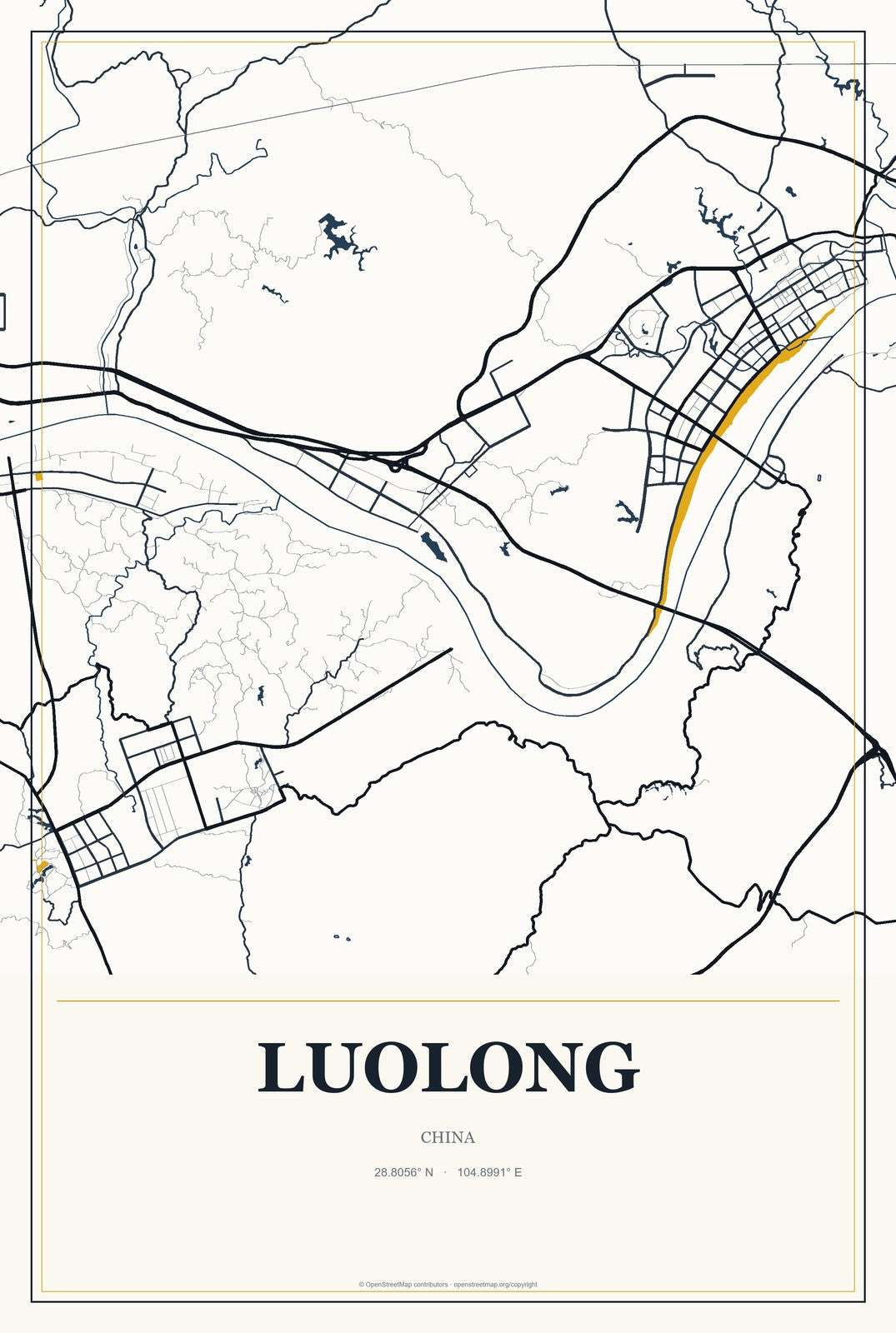 Luolong, China City Map Aluminum Sign in Citrine Modern style