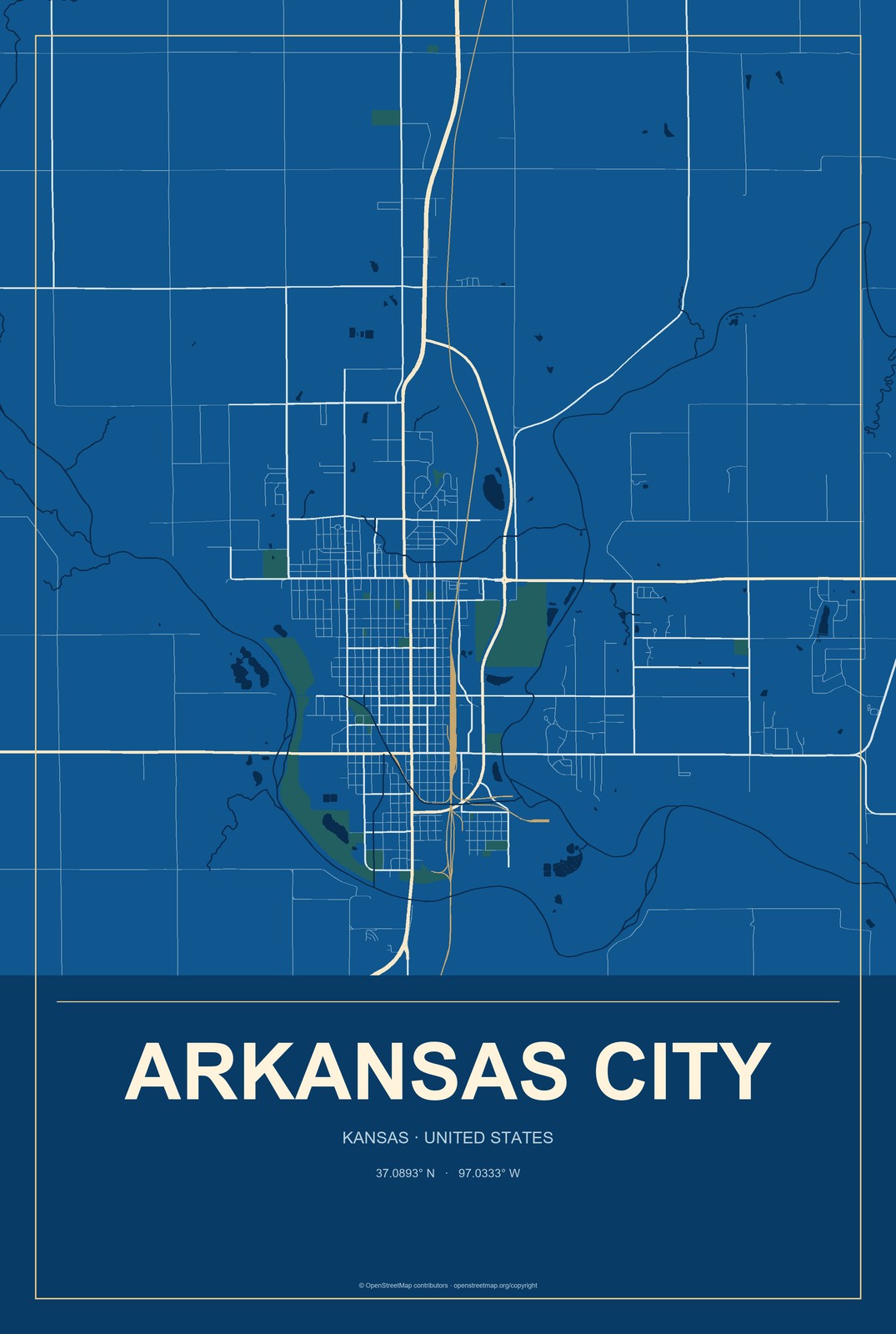 Arkansas City, Kansas City Map Aluminum Sign in Harbor Cobalt style