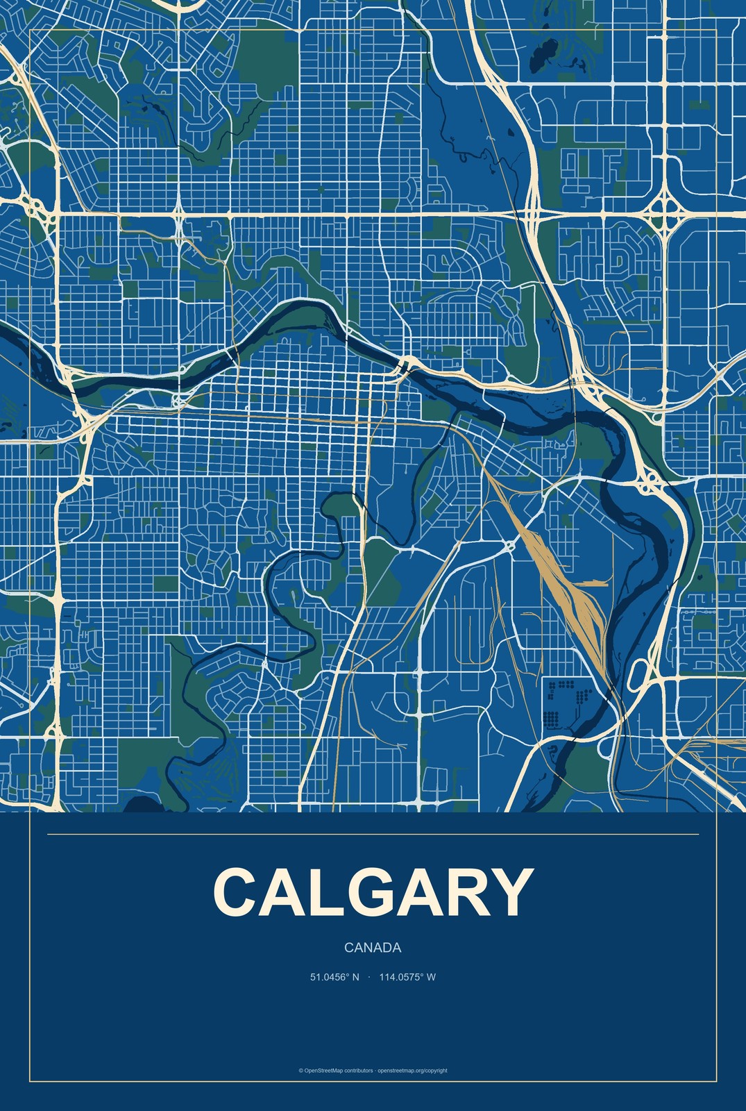 Calgary, Canada City Map Aluminum Sign in Harbor Cobalt style