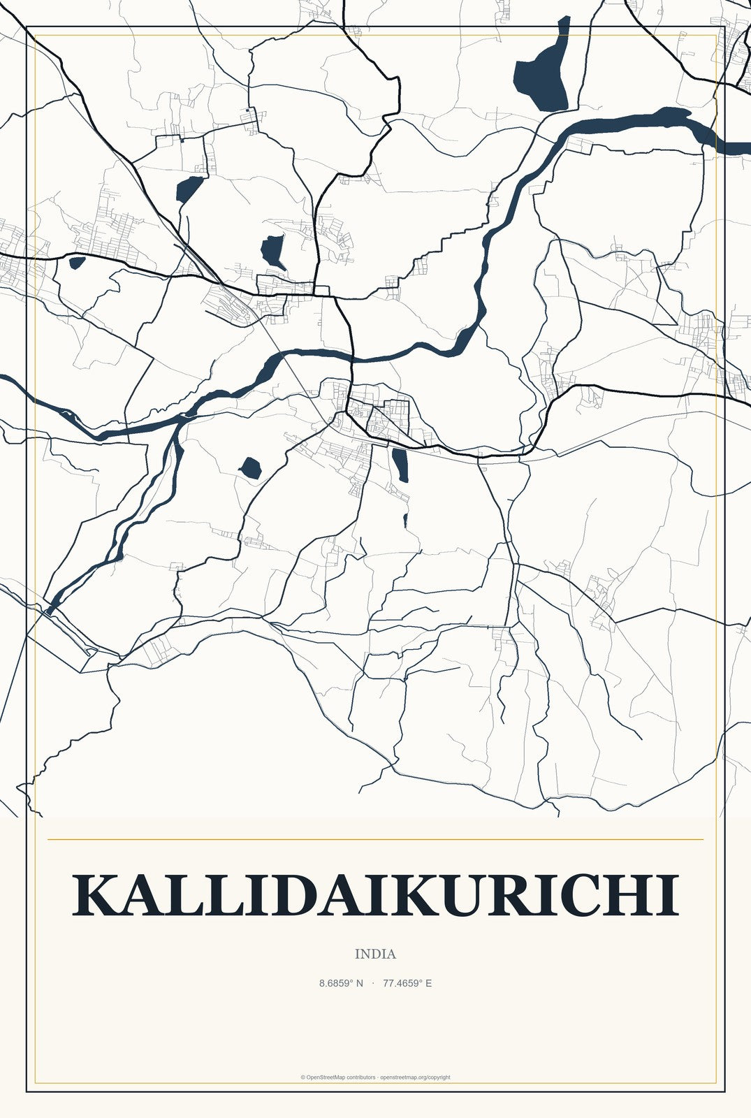 Kallidaikurichi, India City Map Aluminum Sign in Citrine Modern style