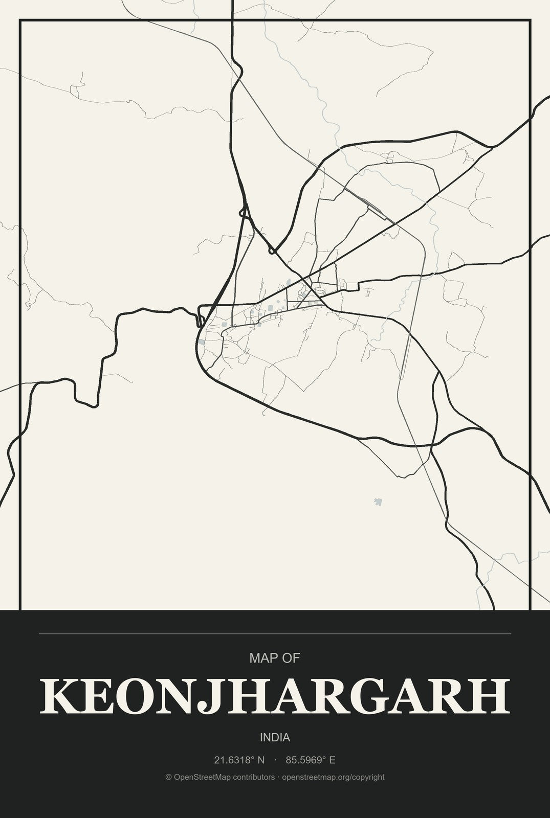 Keonjhargarh, India City Map Aluminum Sign in Museum Plaque style
