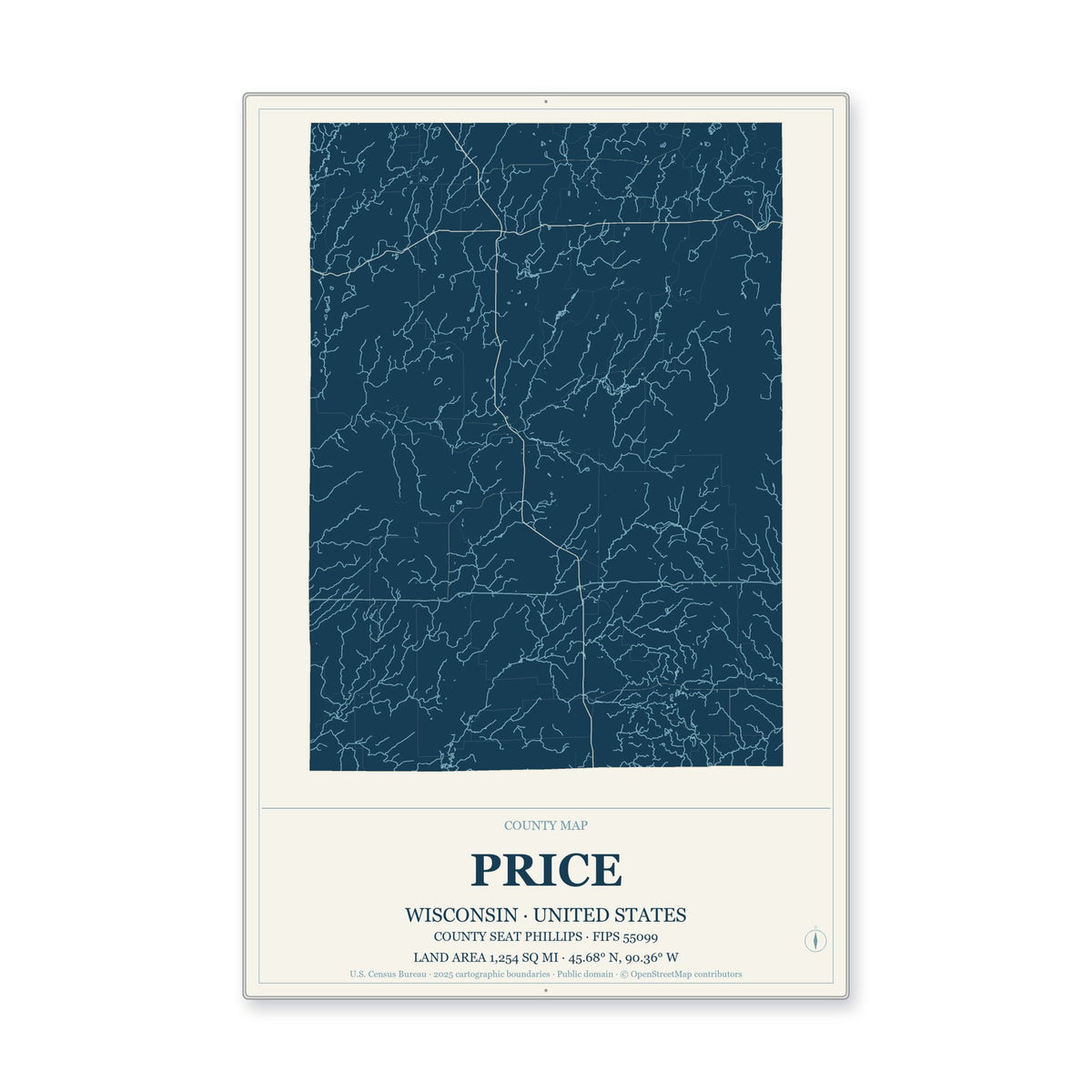 Price County, Wisconsin Map Aluminum Sign in Coastal Cutout style