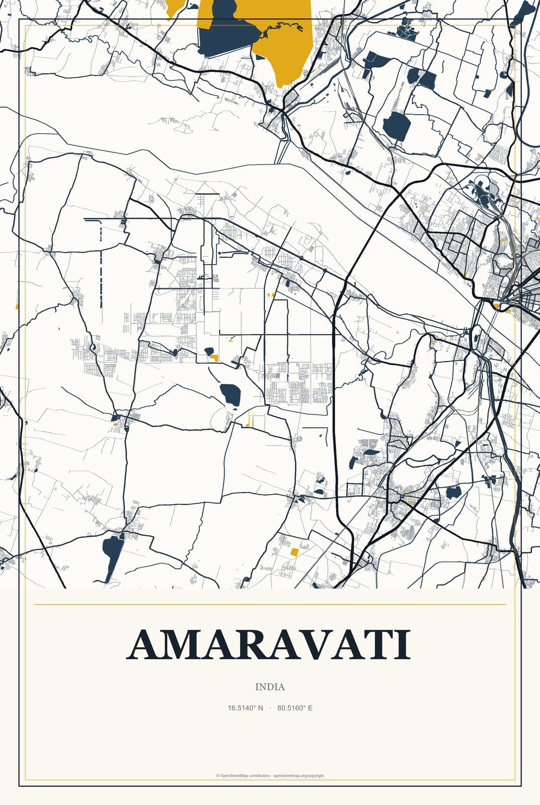 Amaravati, India City Map Aluminum Sign in Citrine Modern style
