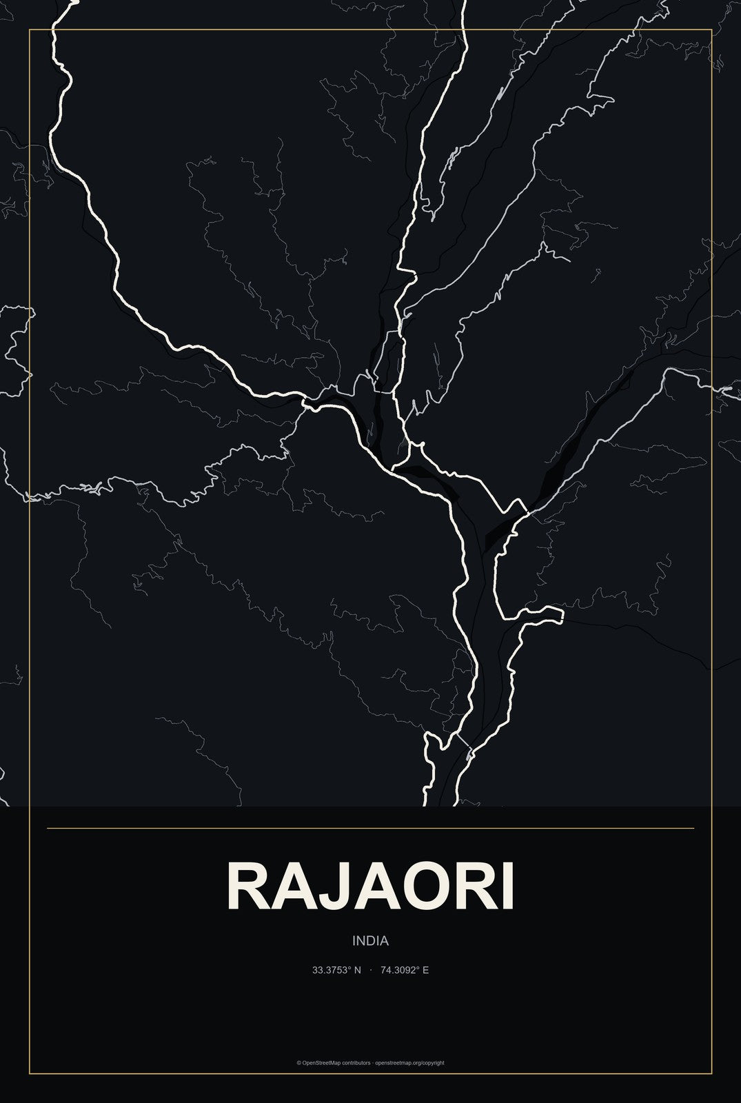 Rajaori, India City Map Aluminum Sign in Metropolitan Noir style