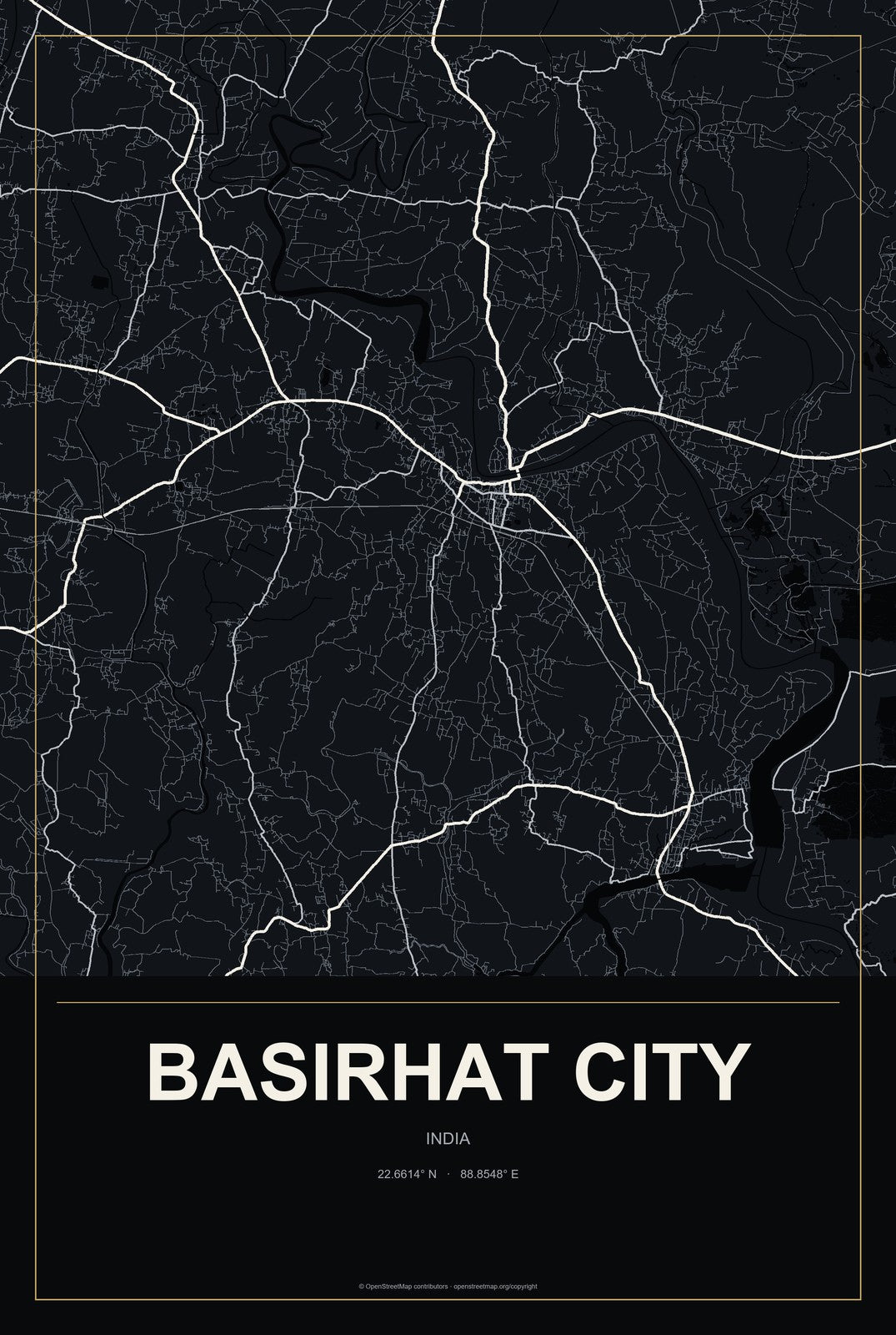 Basirhat City, India City Map Aluminum Sign in Metropolitan Noir style