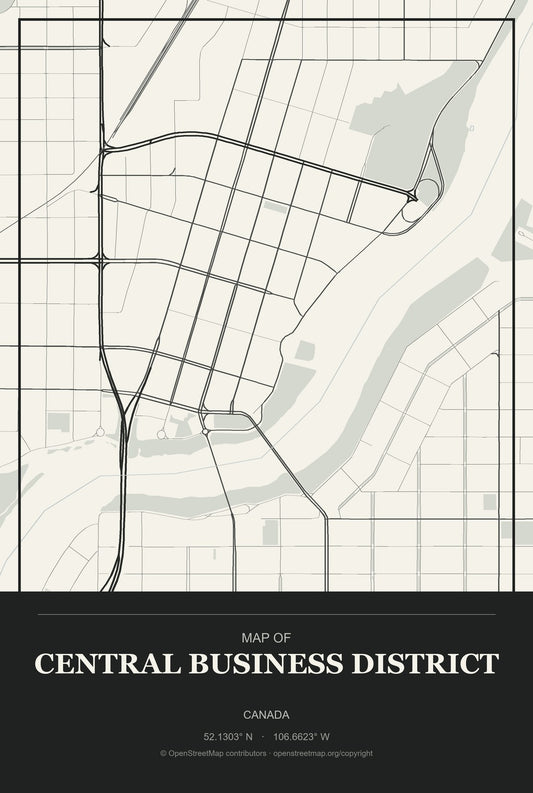 Central Business District, Canada City Map Aluminum Sign in Museum Plaque style