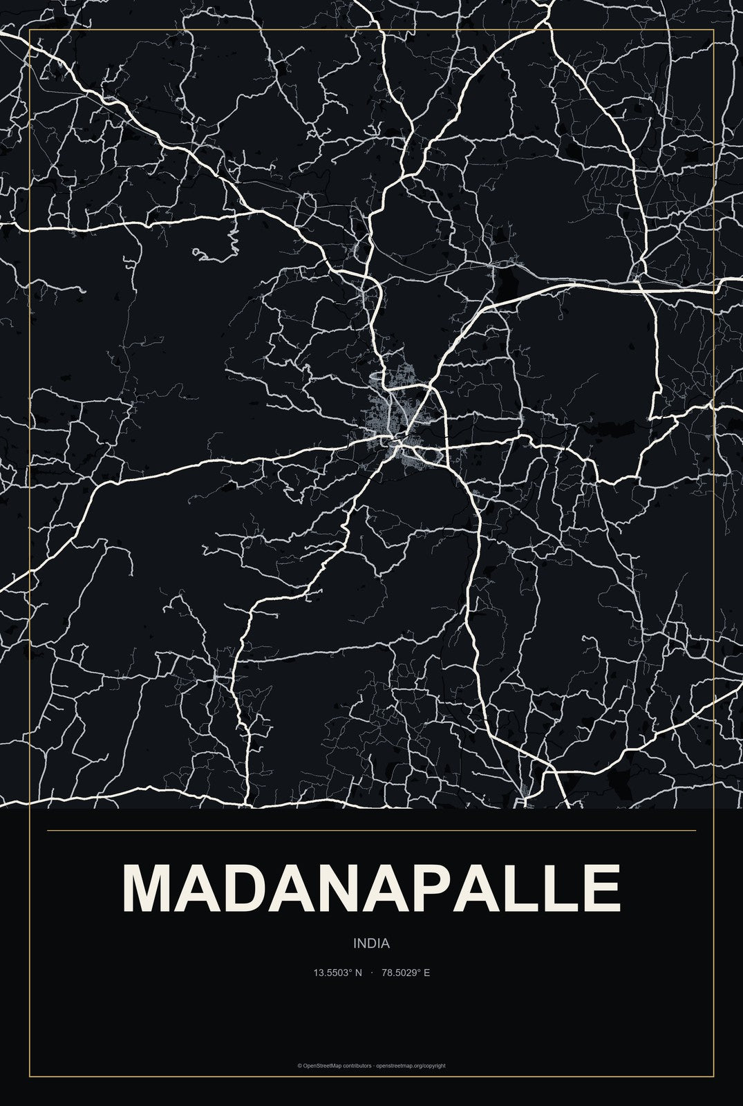 Madanapalle, India City Map Aluminum Sign in Metropolitan Noir style