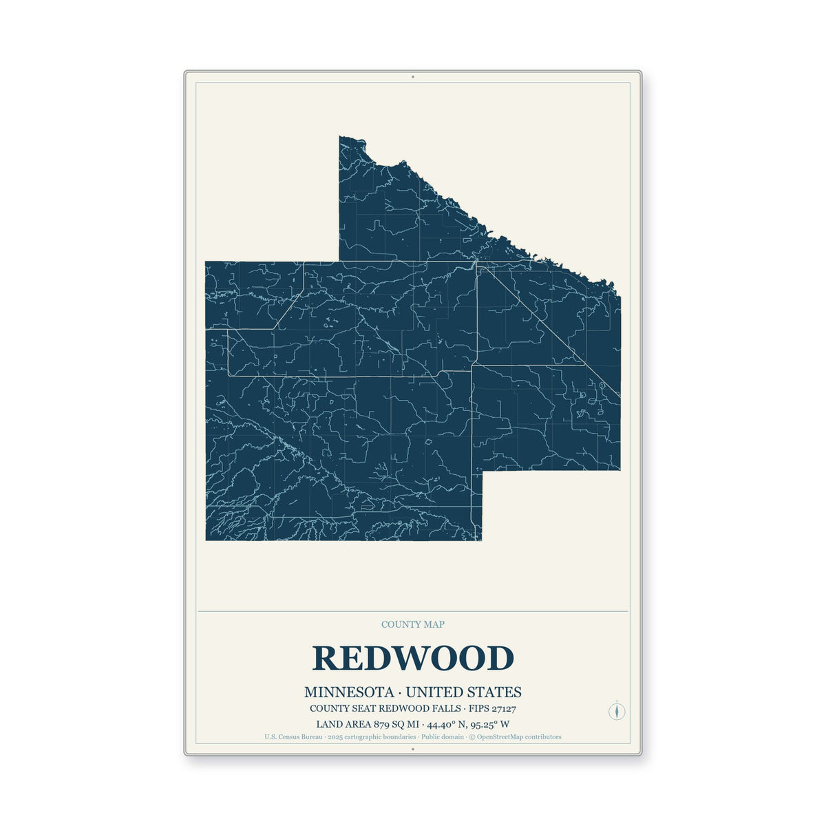 Redwood County, Minnesota Map Aluminum Sign in Coastal Cutout style