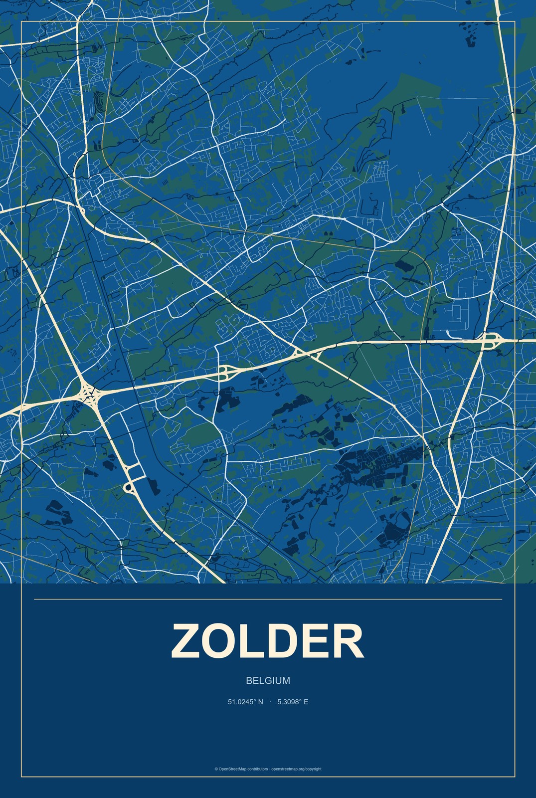 Zolder, Belgium City Map Aluminum Sign in Harbor Cobalt style