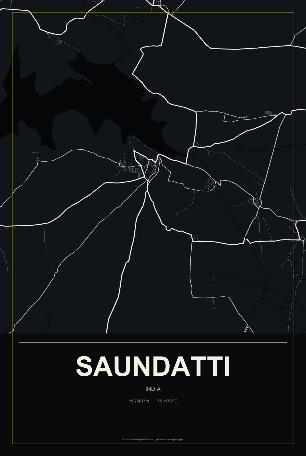 Saundatti, India City Map Aluminum Sign in Metropolitan Noir style