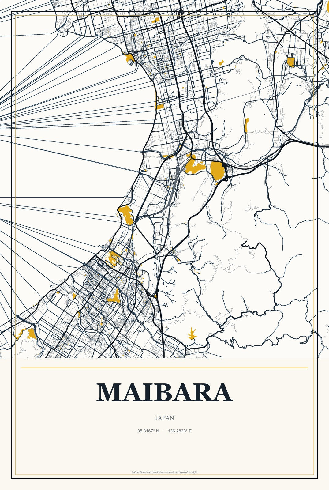 Maibara, Japan City Map Aluminum Sign in Citrine Modern style