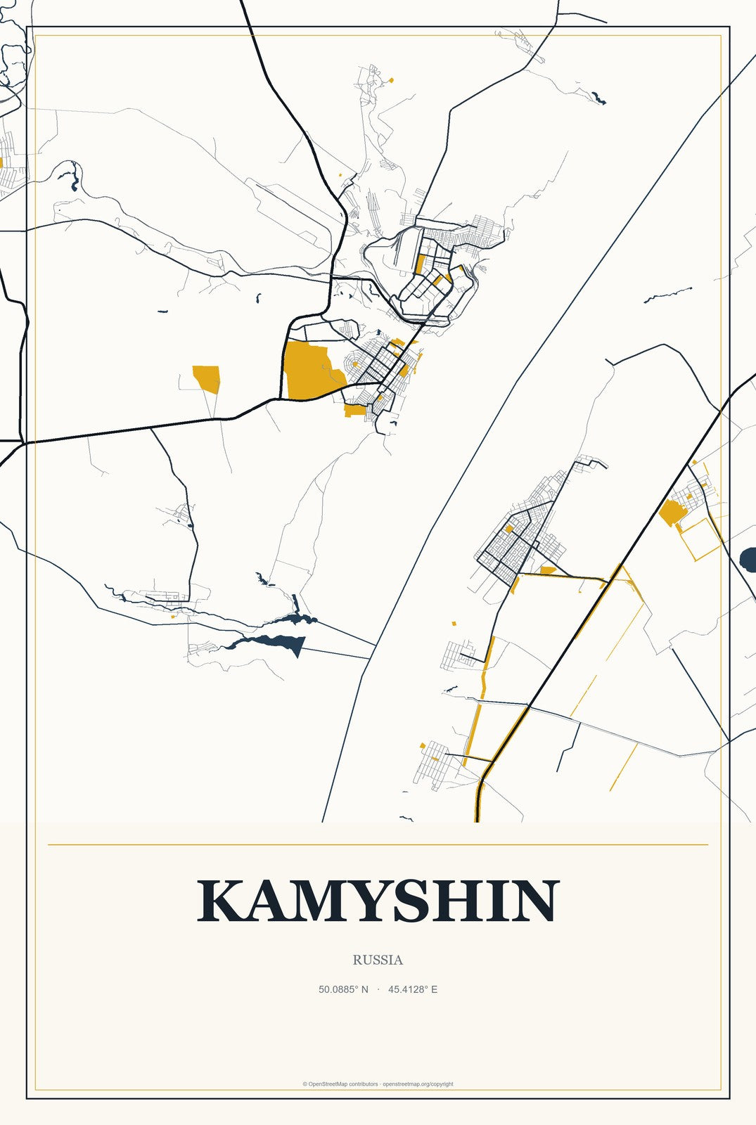 Kamyshin, Russia City Map Aluminum Sign in Citrine Modern style