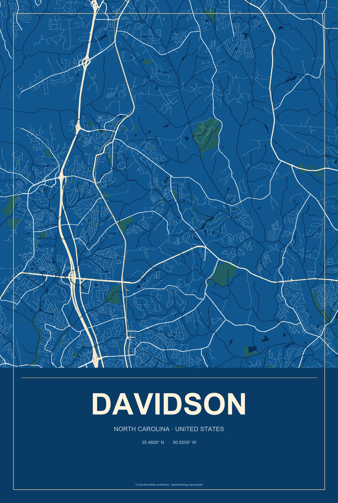 Davidson, North Carolina City Map Aluminum Sign in Harbor Cobalt style