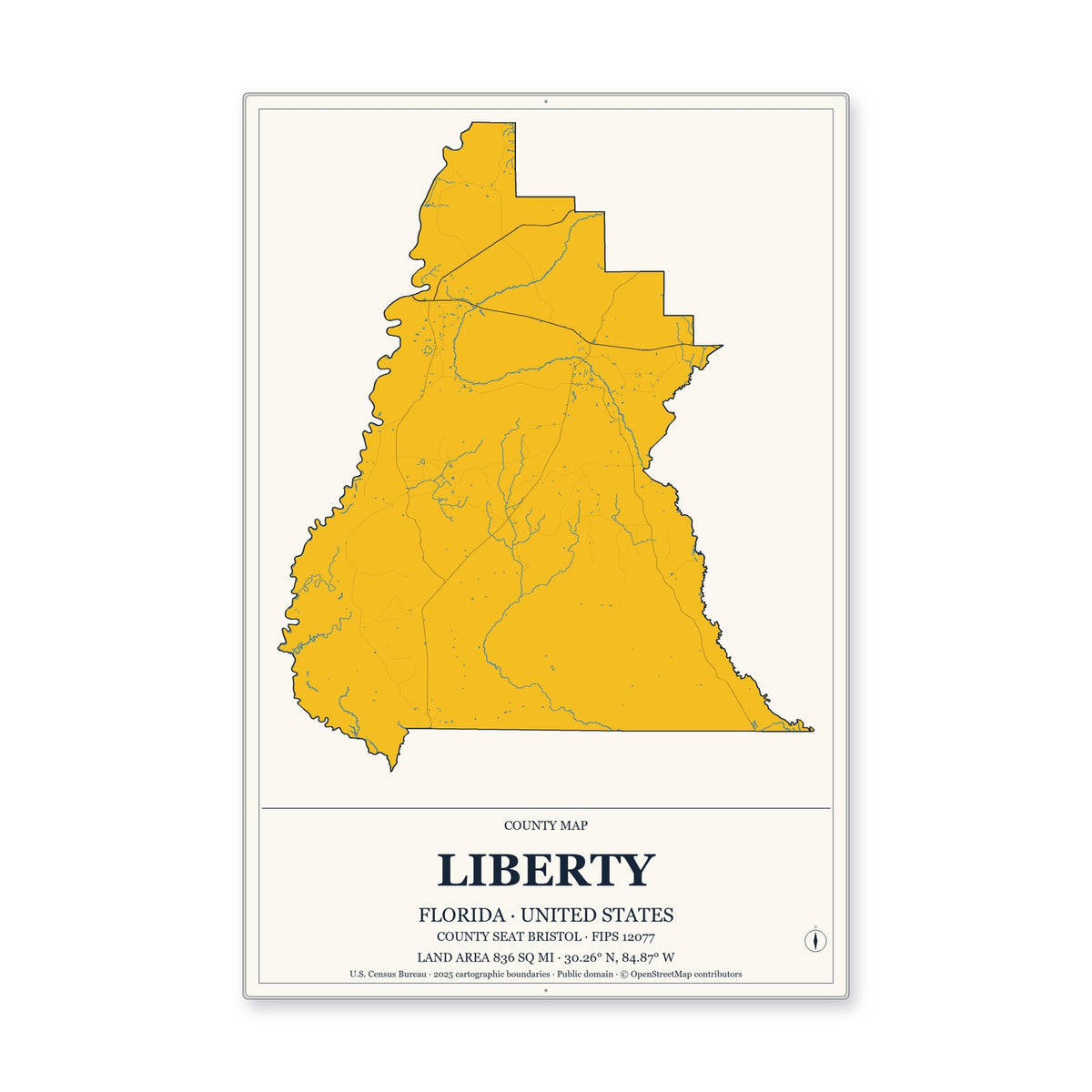 Liberty County, Florida Map Aluminum Sign in Citrine Modern style