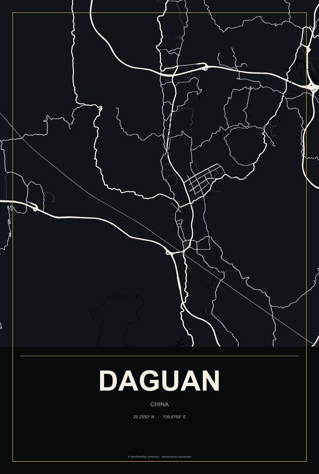 Daguan, China City Map Aluminum Sign in Metropolitan Noir style