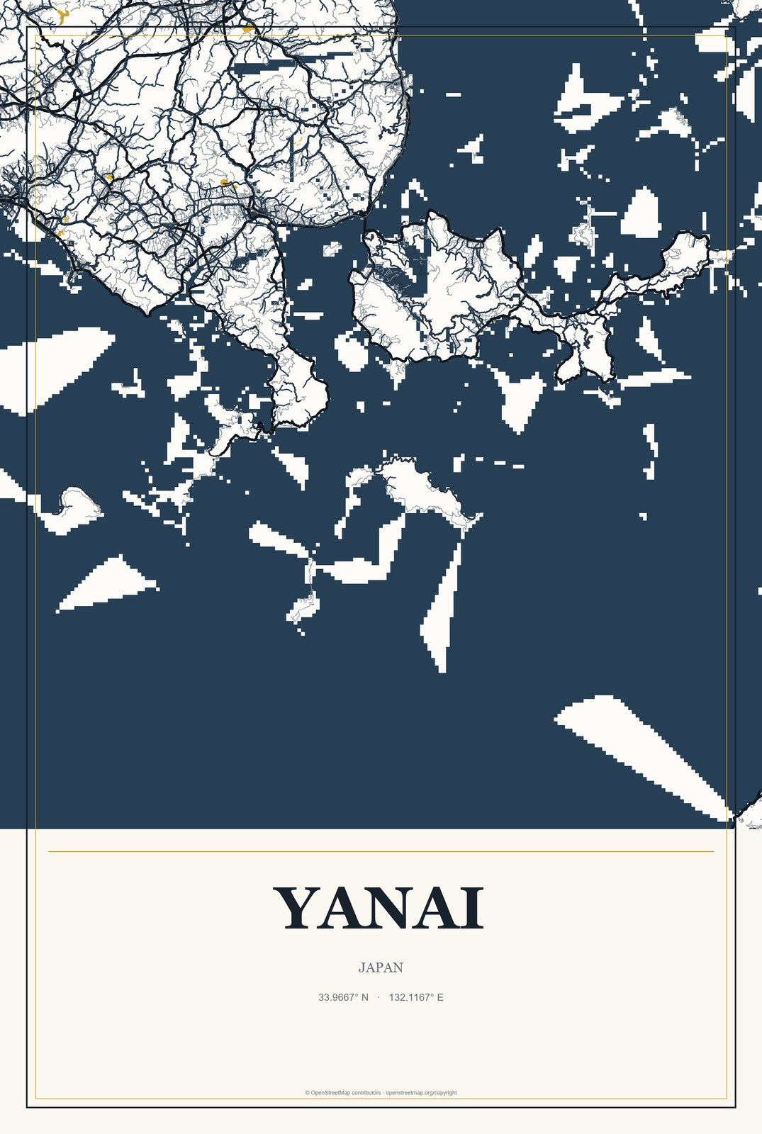 Yanai, Japan City Map Aluminum Sign in Citrine Modern style