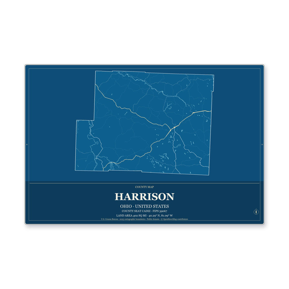 Harrison County, Ohio Map Aluminum Sign in Harbor Cobalt style
