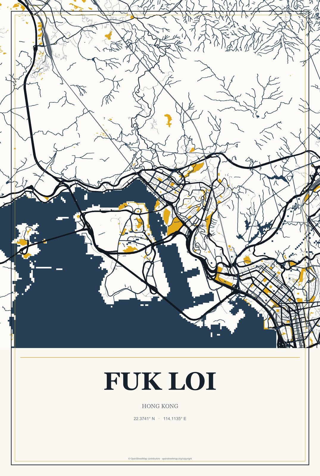Fuk Loi, Hong Kong City Map Aluminum Sign in Citrine Modern style