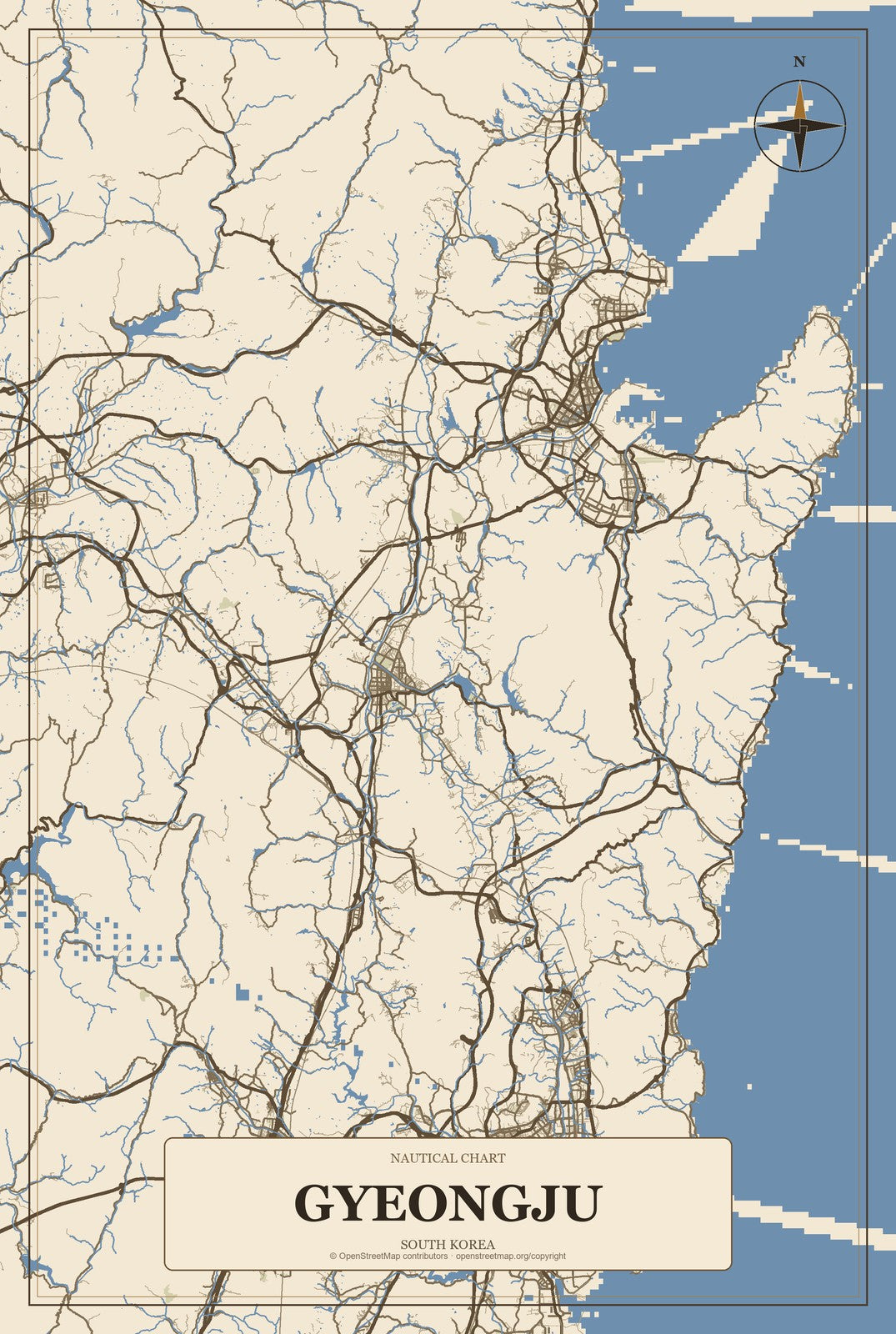 Gyeongju, South Korea City Map Aluminum Sign in Heritage Nautical style