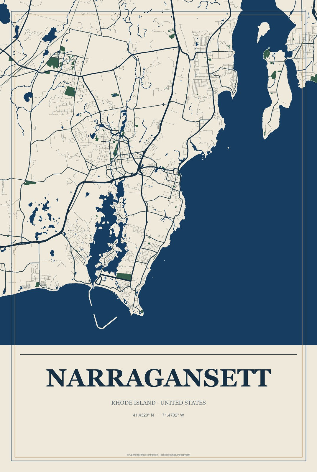 Narragansett, Rhode Island City Map Aluminum Sign in Coastal Cutout style