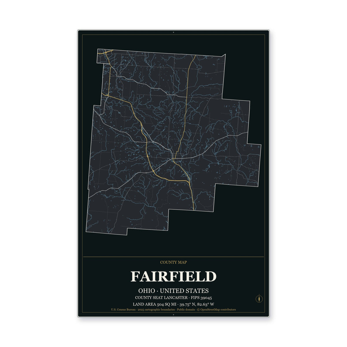 Fairfield County, Ohio Map Aluminum Sign in Metropolitan Noir style
