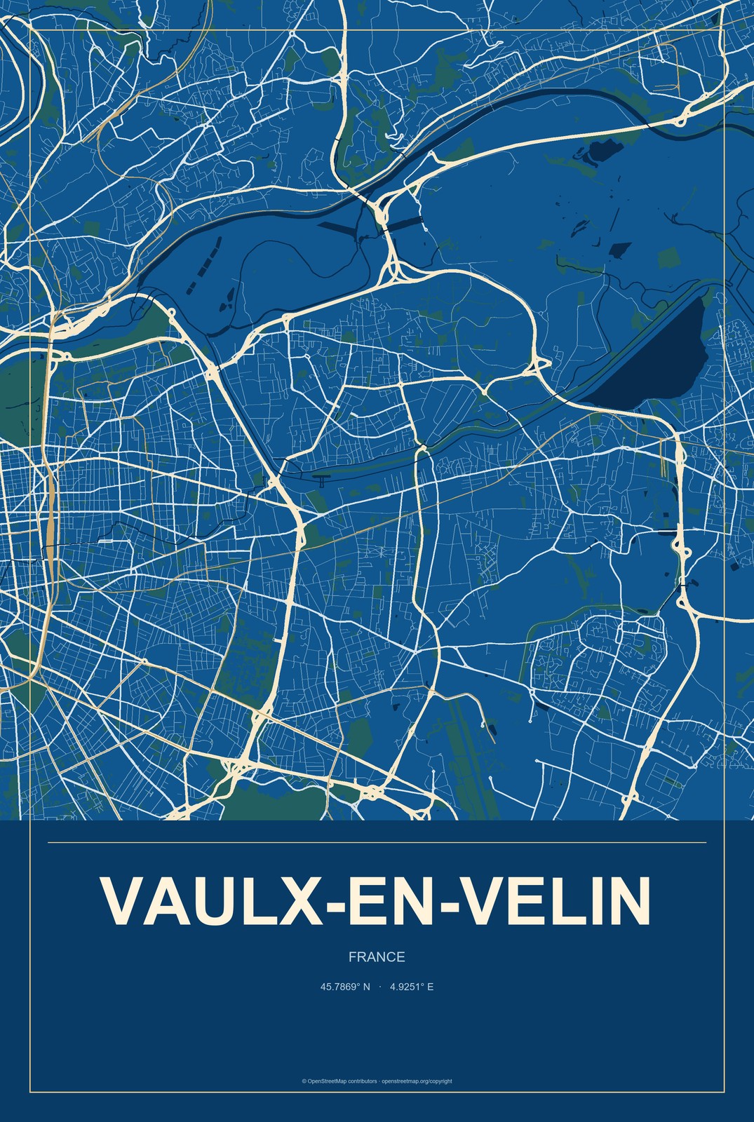 Vaulx-en-Velin, France City Map Aluminum Sign in Harbor Cobalt style