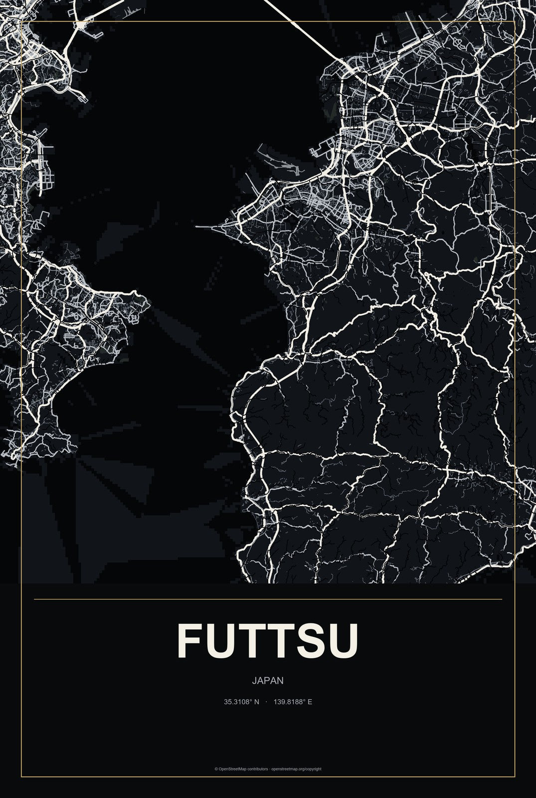 Futtsu, Japan City Map Aluminum Sign in Metropolitan Noir style