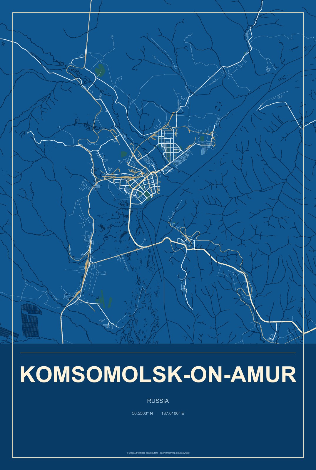 Komsomolsk-on-Amur, Russia City Map Aluminum Sign in Harbor Cobalt style