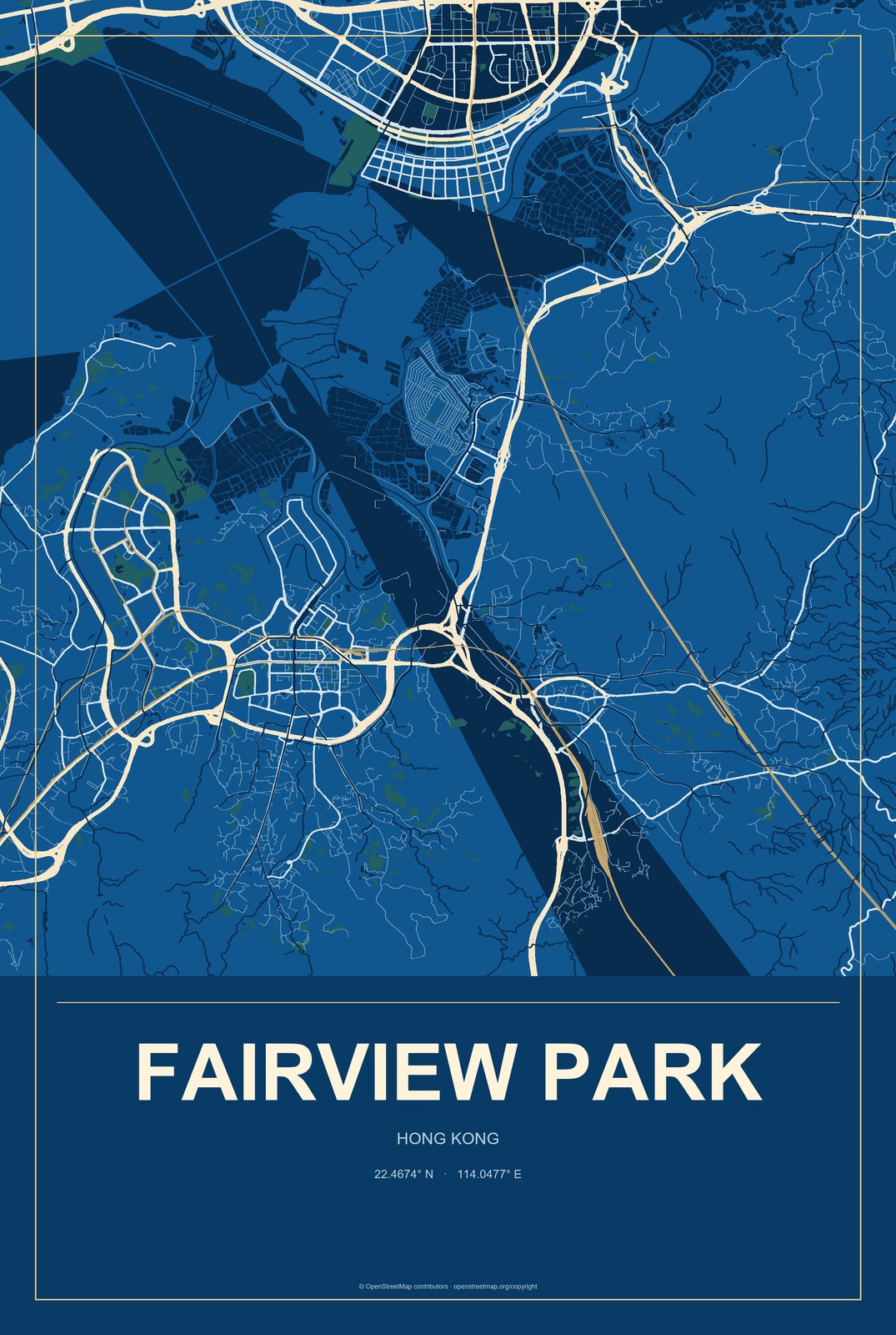 Fairview Park, Hong Kong City Map Aluminum Sign in Harbor Cobalt style