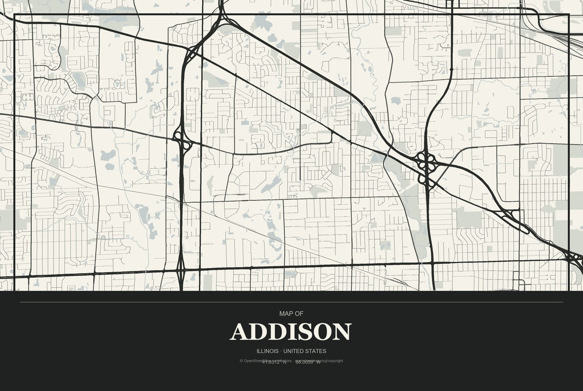 Addison, Illinois City Map Aluminum Sign in Museum Plaque style