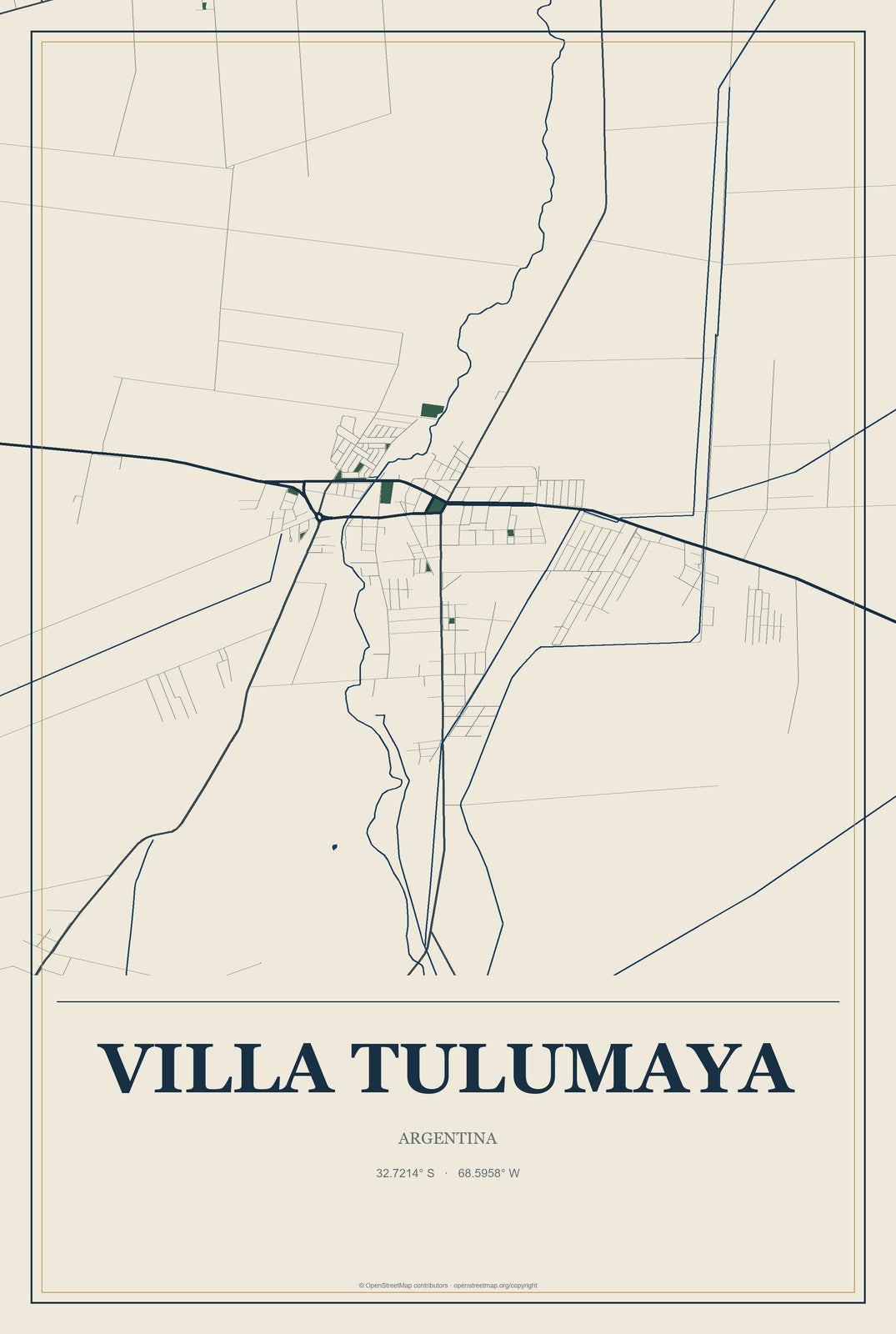 Villa Tulumaya, Argentina City Map Aluminum Sign in Coastal Cutout style