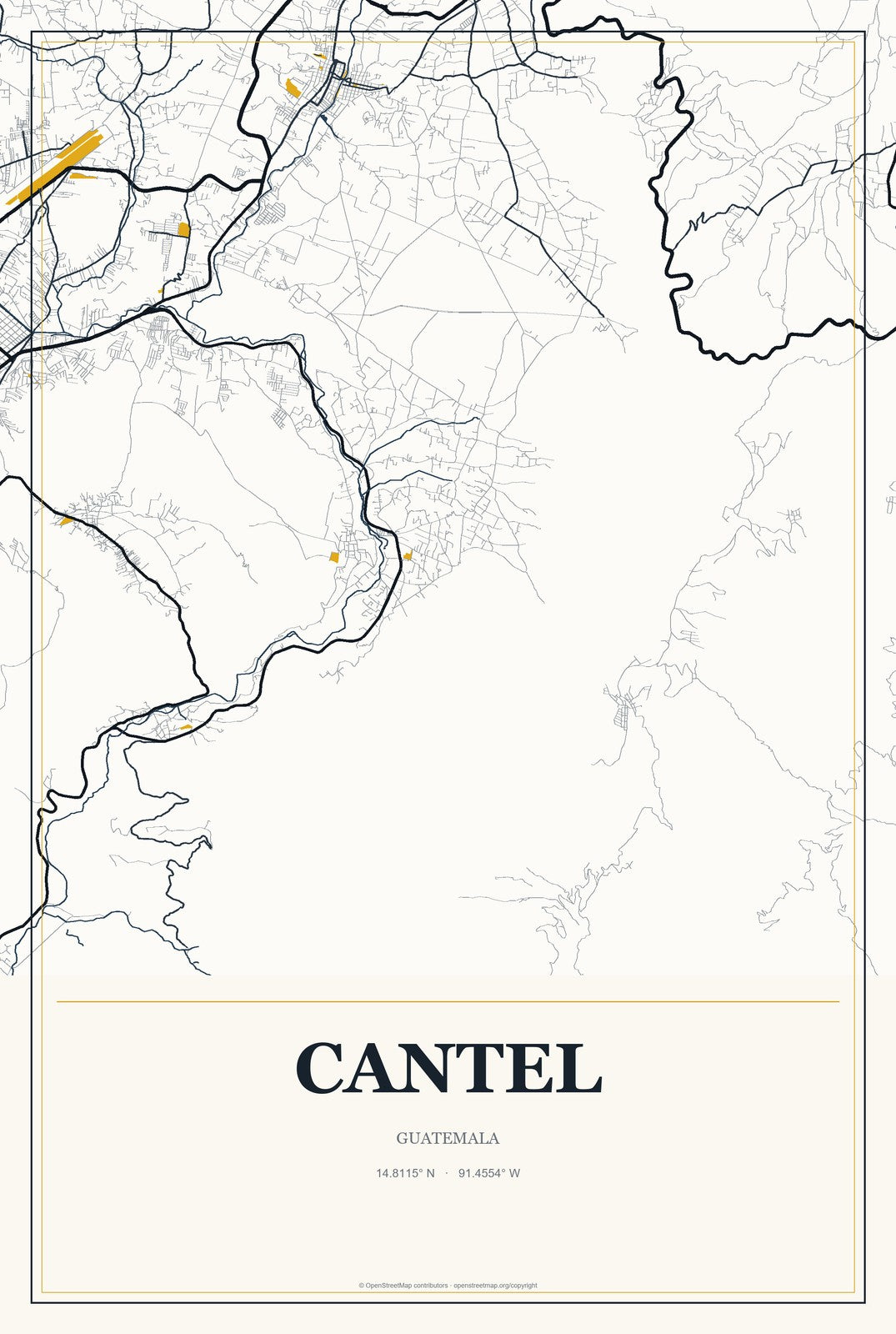 Cantel, Guatemala City Map Aluminum Sign in Citrine Modern style