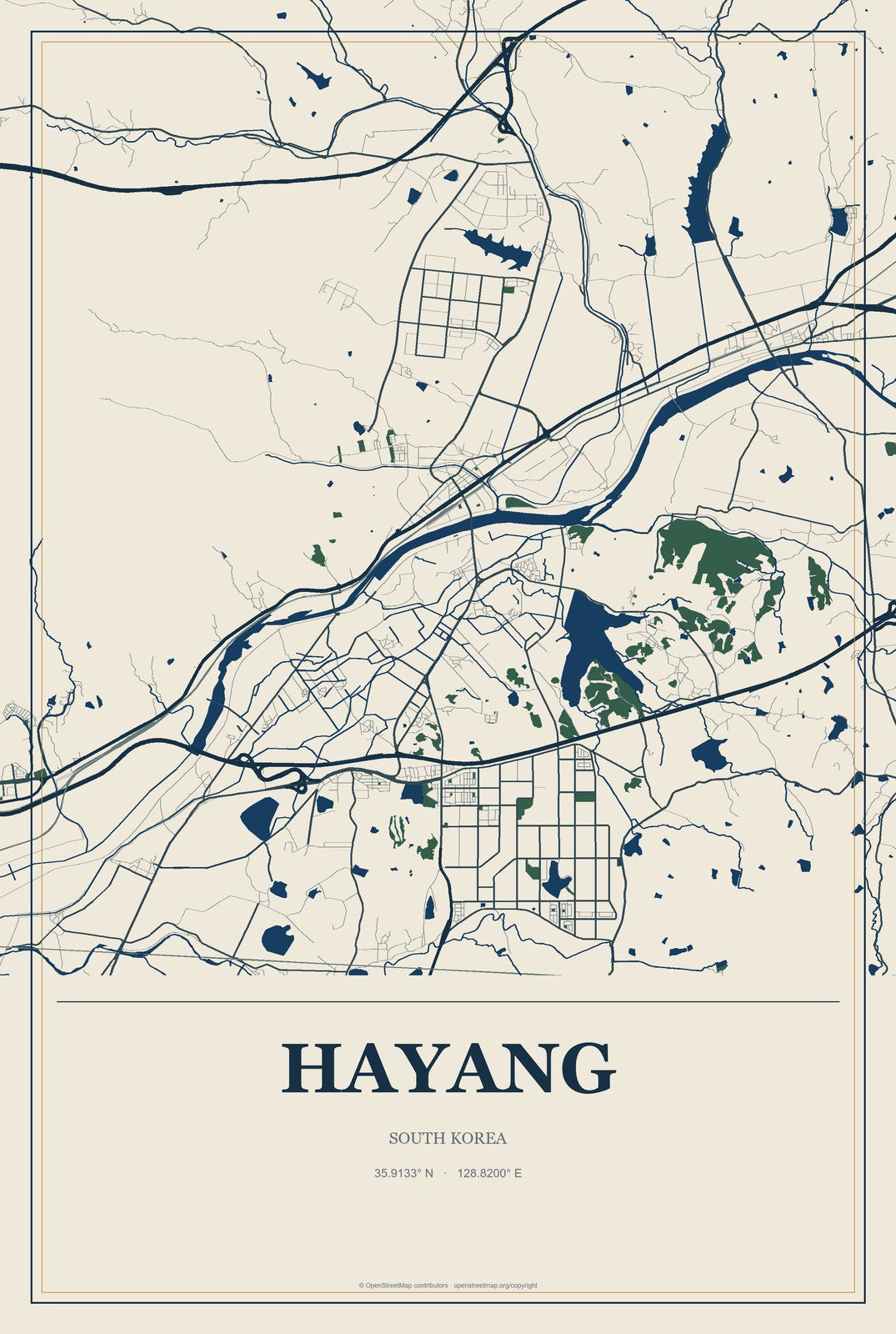 Hayang, South Korea City Map Aluminum Sign in Coastal Cutout style