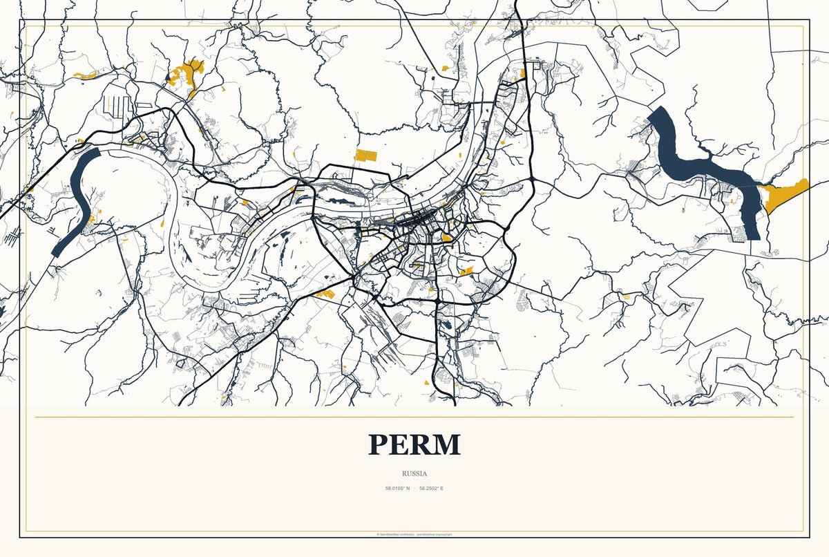 Perm, Russia City Map Aluminum Sign in Citrine Modern style