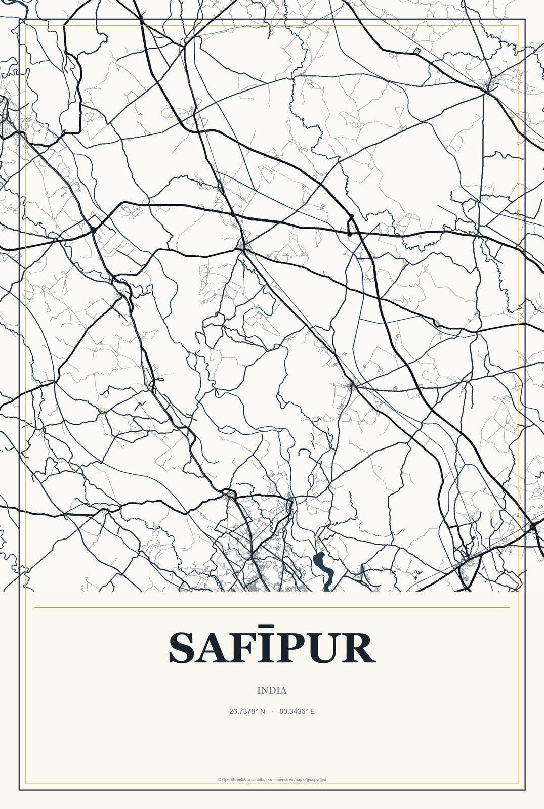 Safīpur, India City Map Aluminum Sign in Citrine Modern style