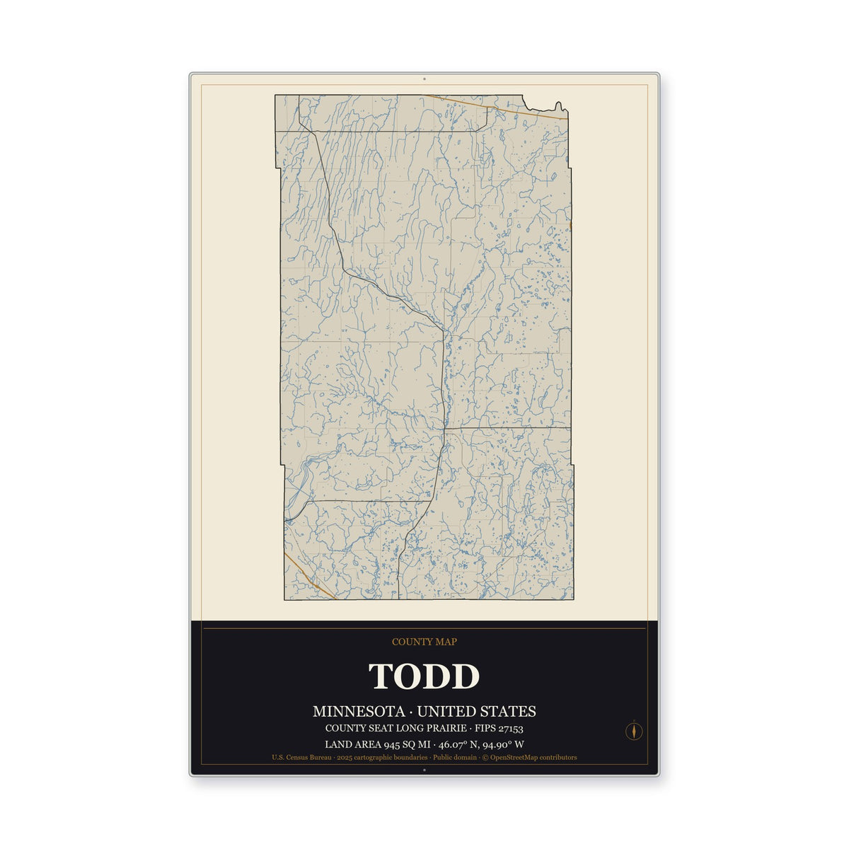 Todd County, Minnesota Map Aluminum Sign in Museum Plaque style