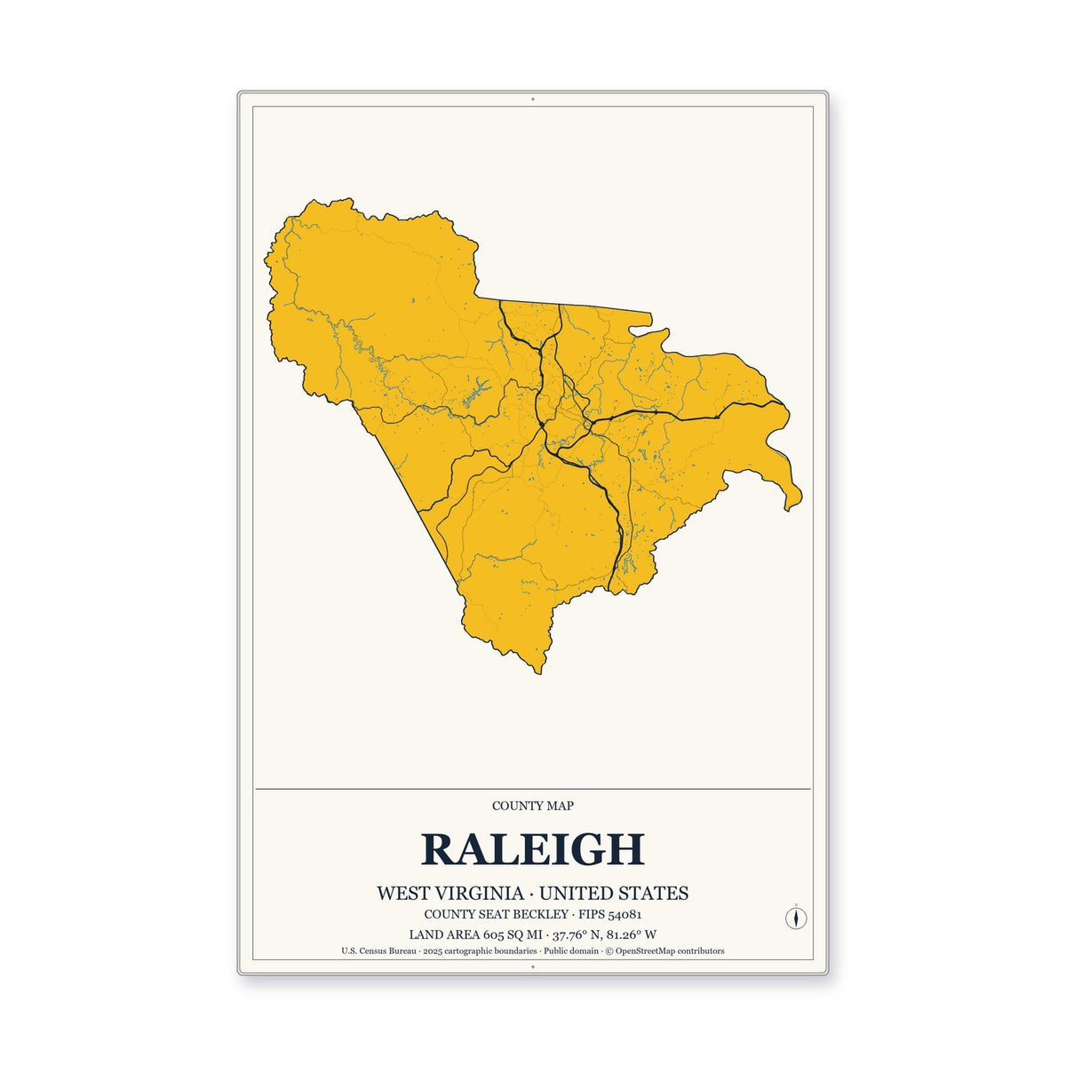 Raleigh County, West Virginia Map Aluminum Sign in Citrine Modern style