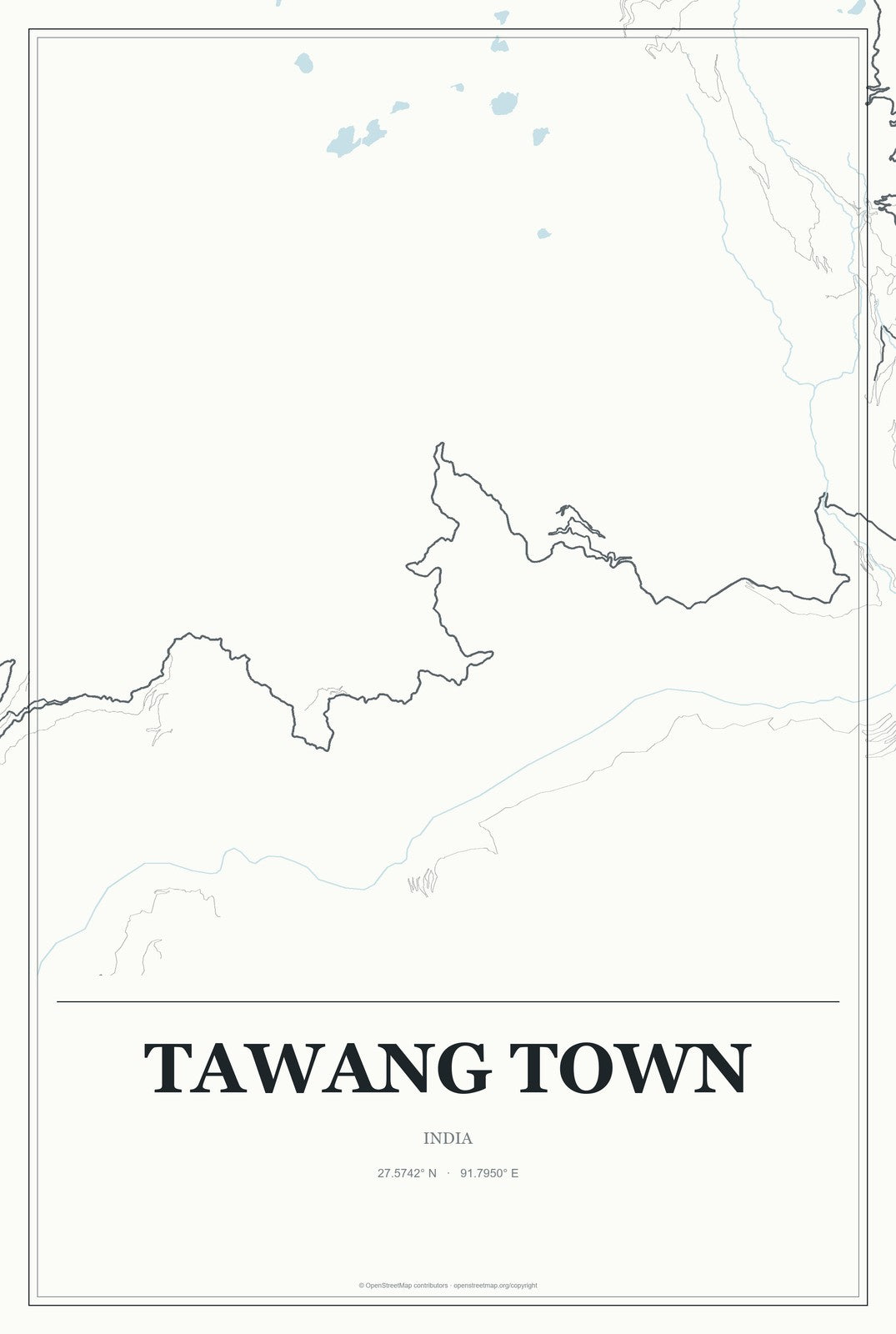 Tawang Town, India City Map Aluminum Sign in Gallery Air style
