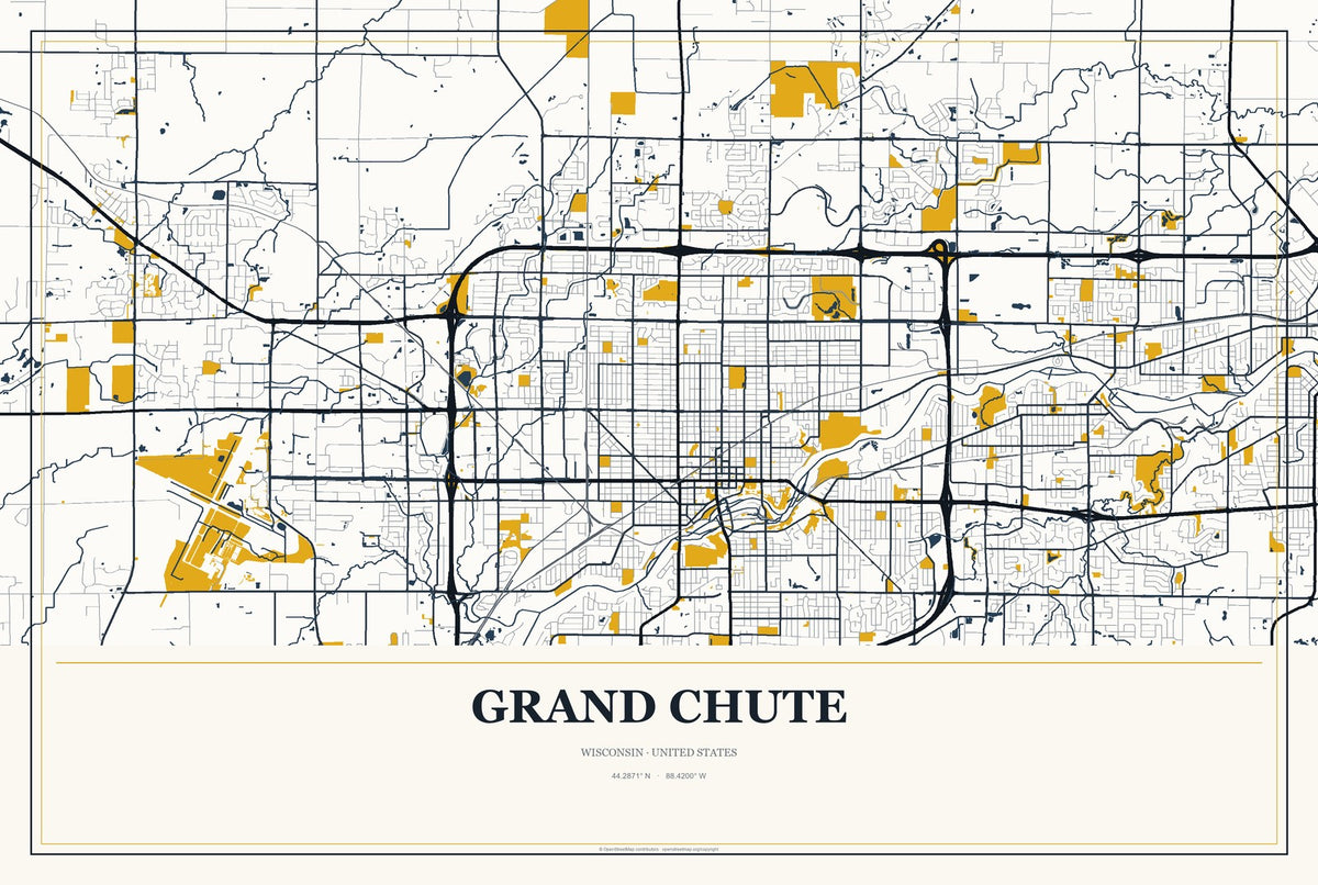 Grand Chute, Wisconsin City Map Aluminum Sign in Citrine Modern style