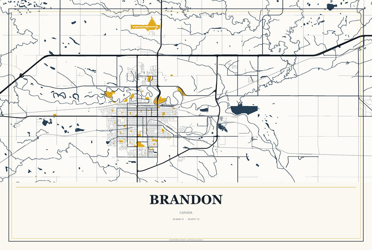 Brandon, Canada City Map Aluminum Sign in Citrine Modern style